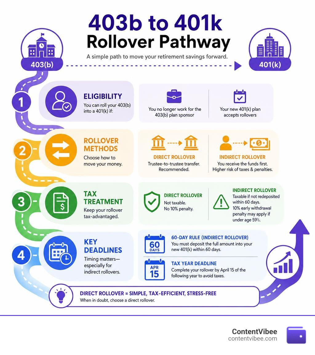 403b to 401k rollover pathway showing eligibility, rollover methods, tax treatment, and key deadlines infographic