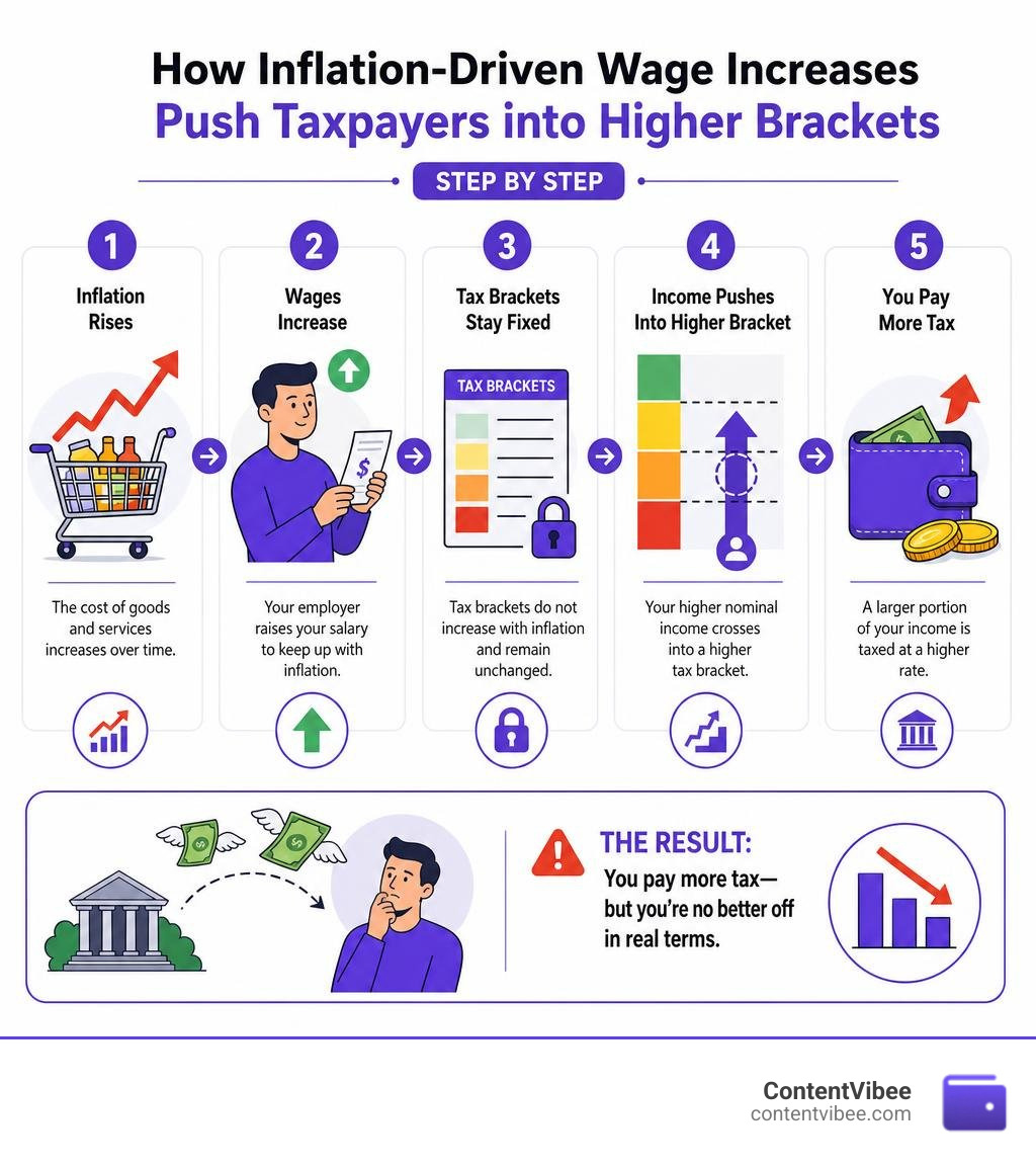 How inflation-driven wage increases push taxpayers into higher brackets step by step infographic How inflation-driven wage increases push taxpayers into higher brackets step by step infographic