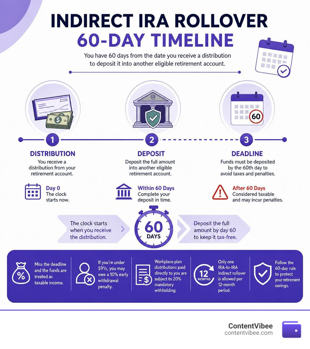Indirect IRA rollover 60-day timeline showing distribution, deposit, and deadline steps infographic