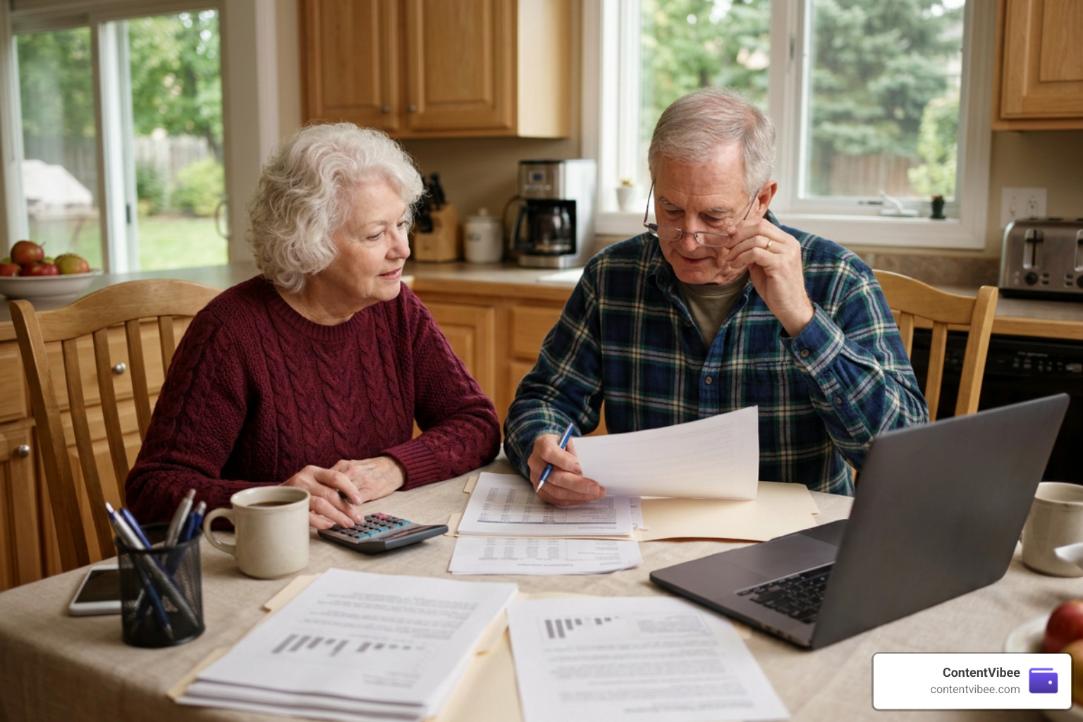 A retired couple sitting together review their financial retirement plans