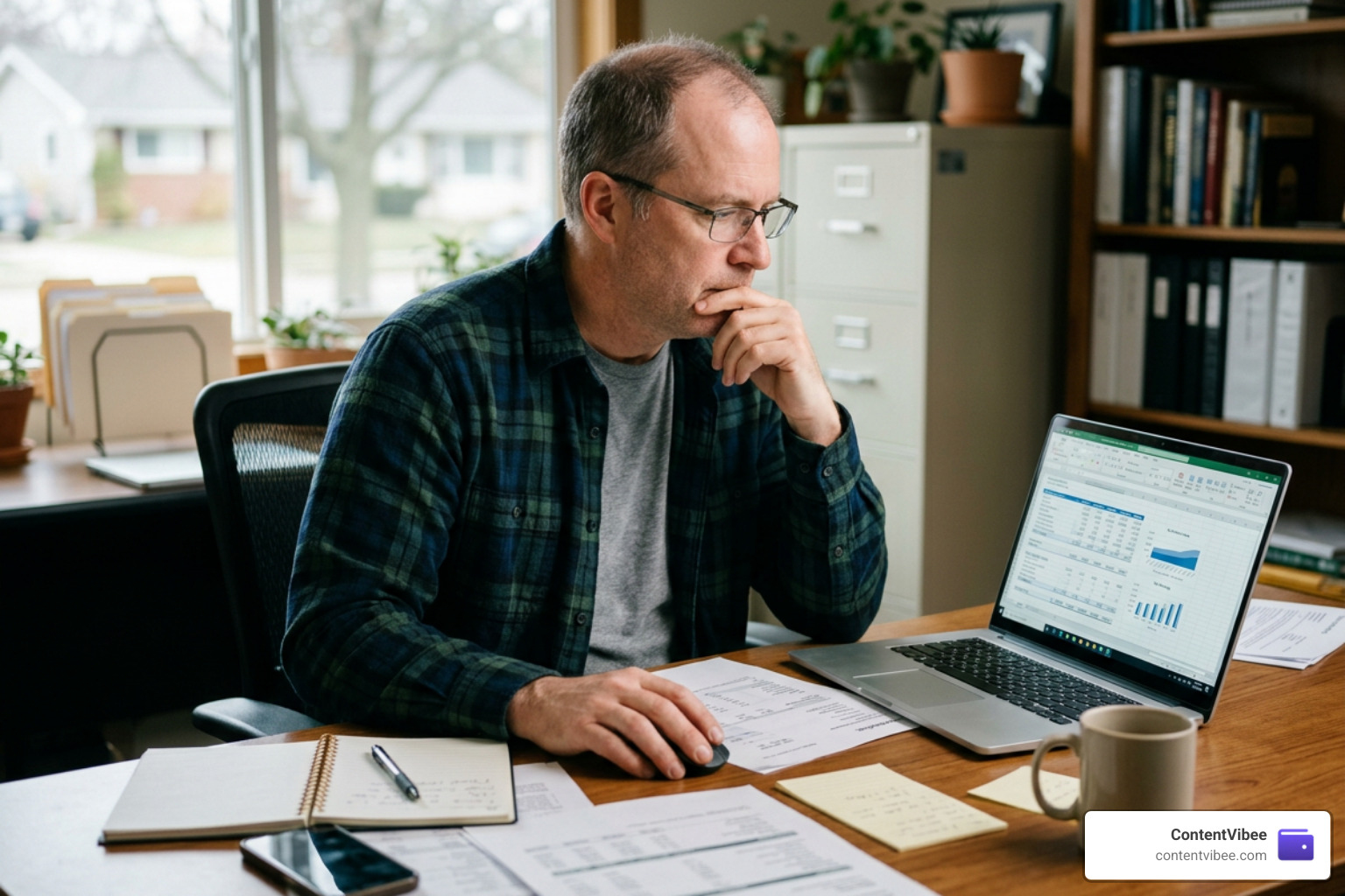 A small business owner reviewing financial statements and planning tax deductions