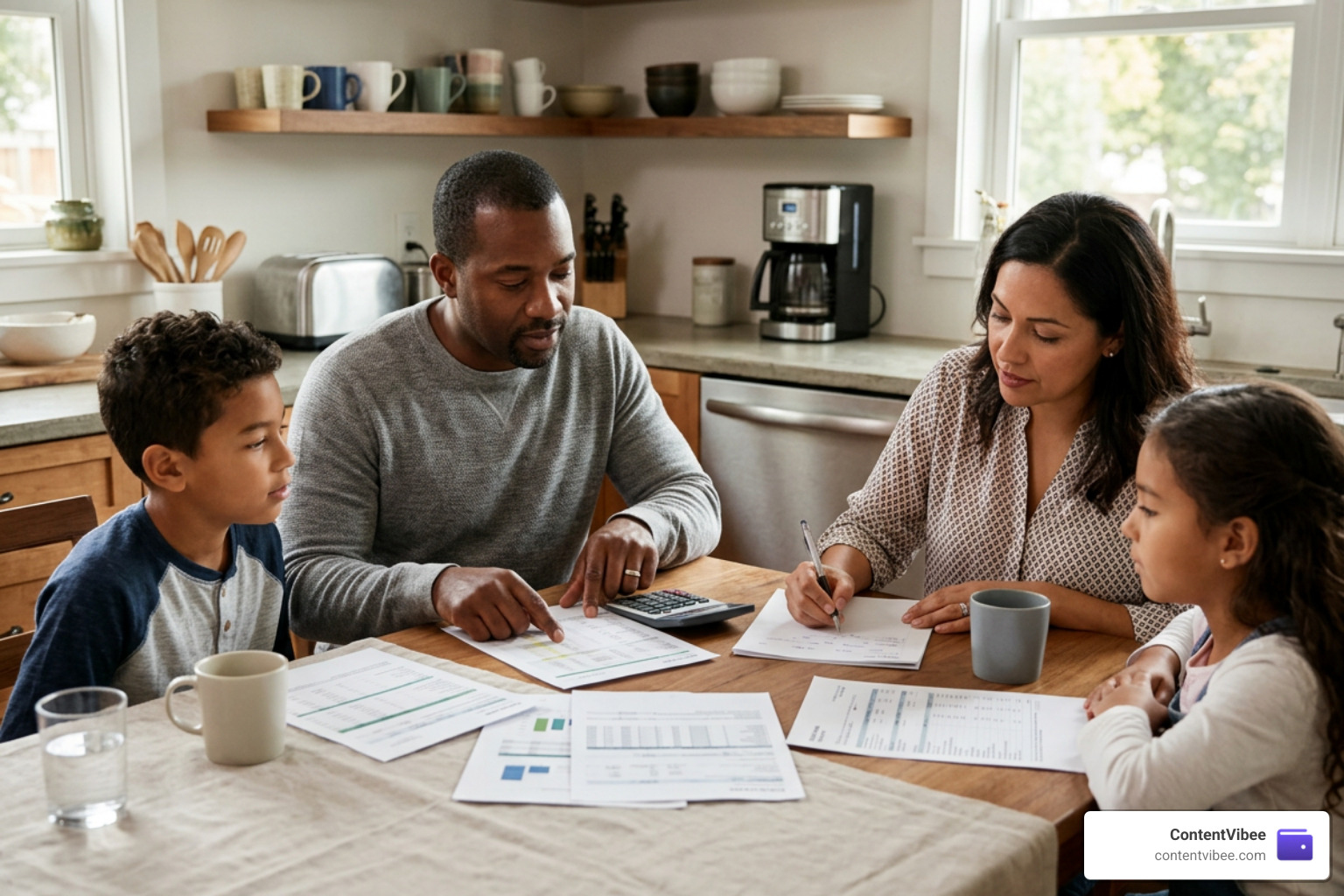 A family sitting around a table planning their household budget and tax strategies
