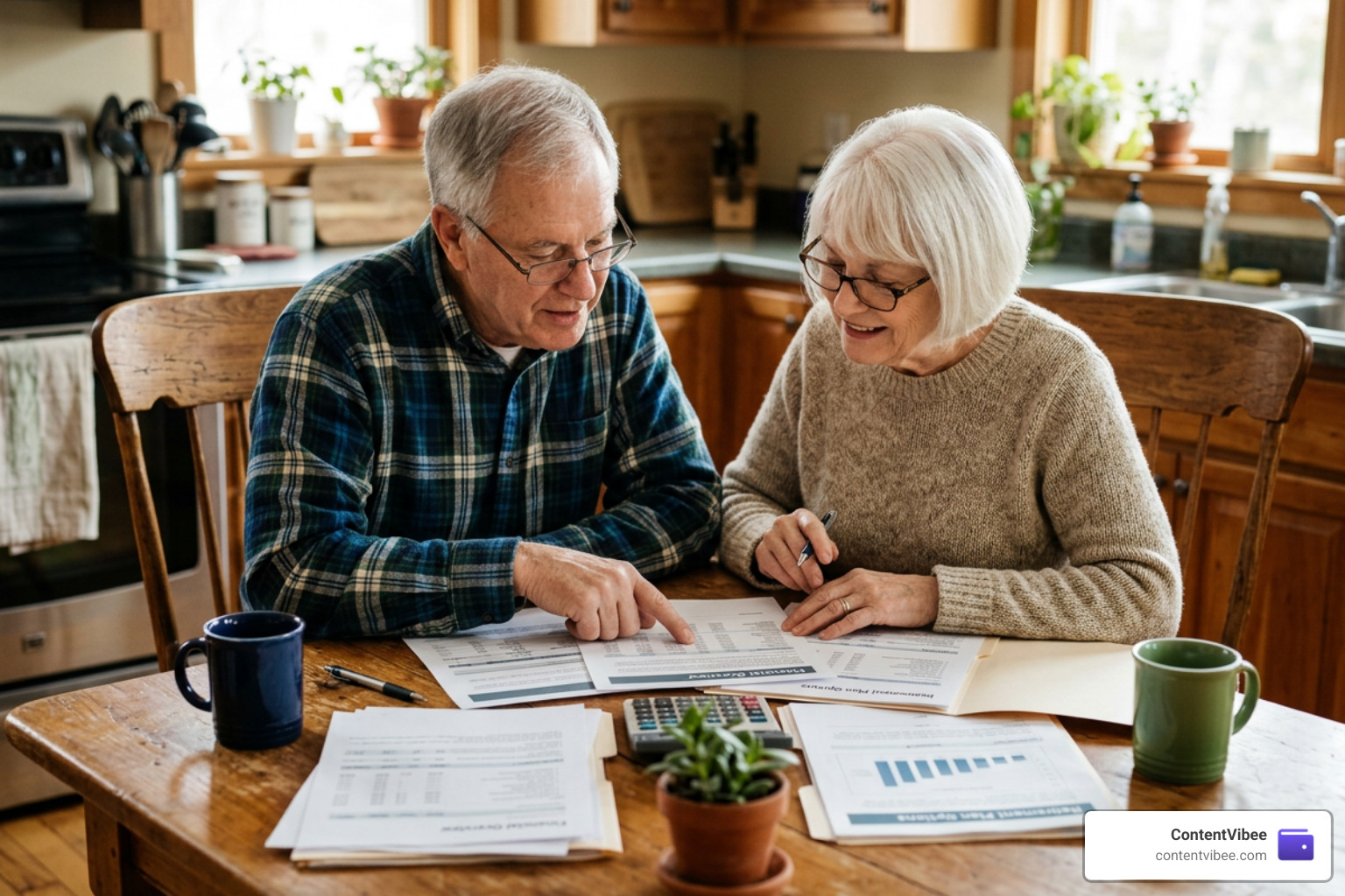 An elderly couple reviewing financial planning documents and retirement benefits