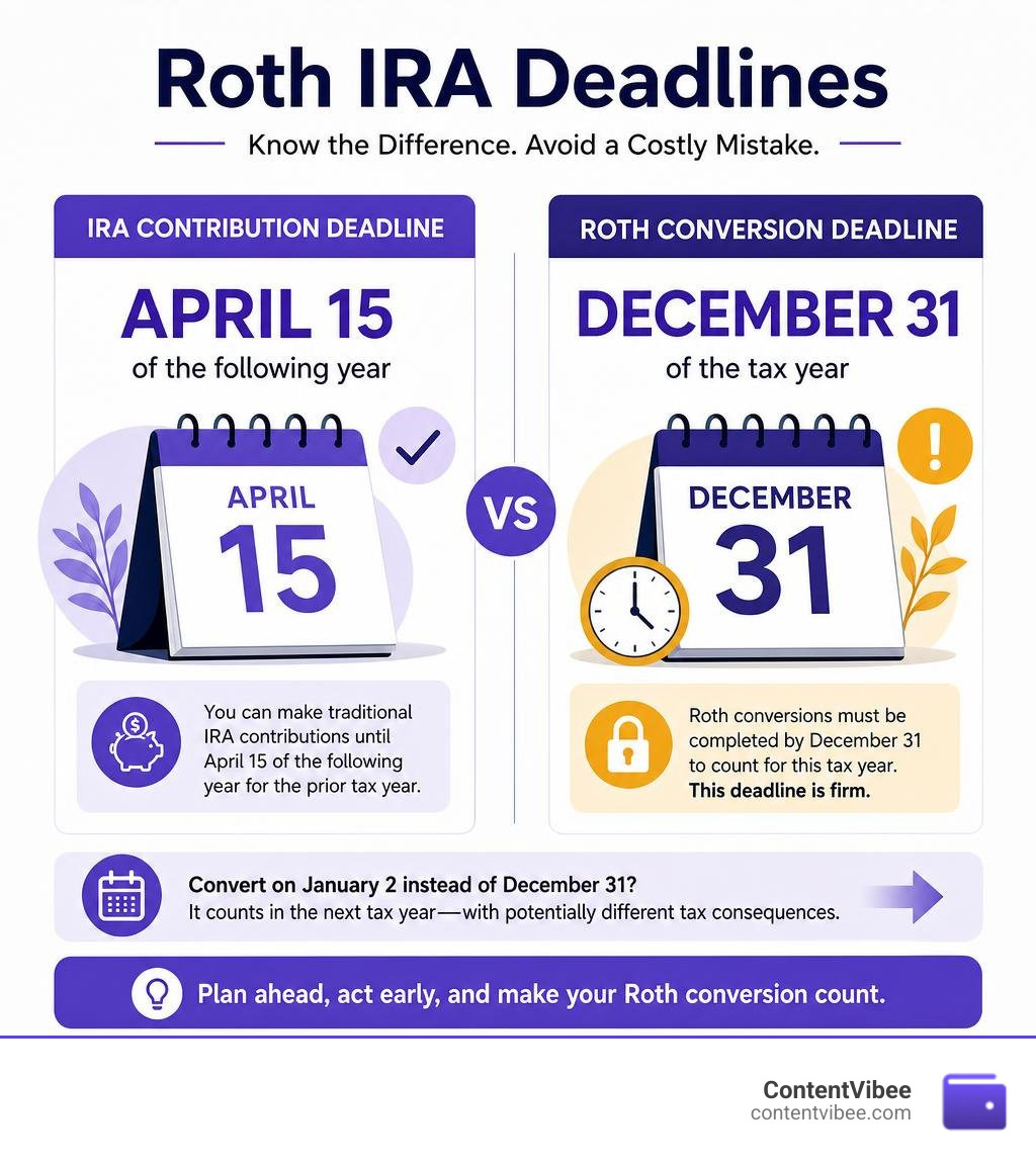 Contribution deadline April 15 vs conversion deadline December 31 for Roth IRA rollovers infographic