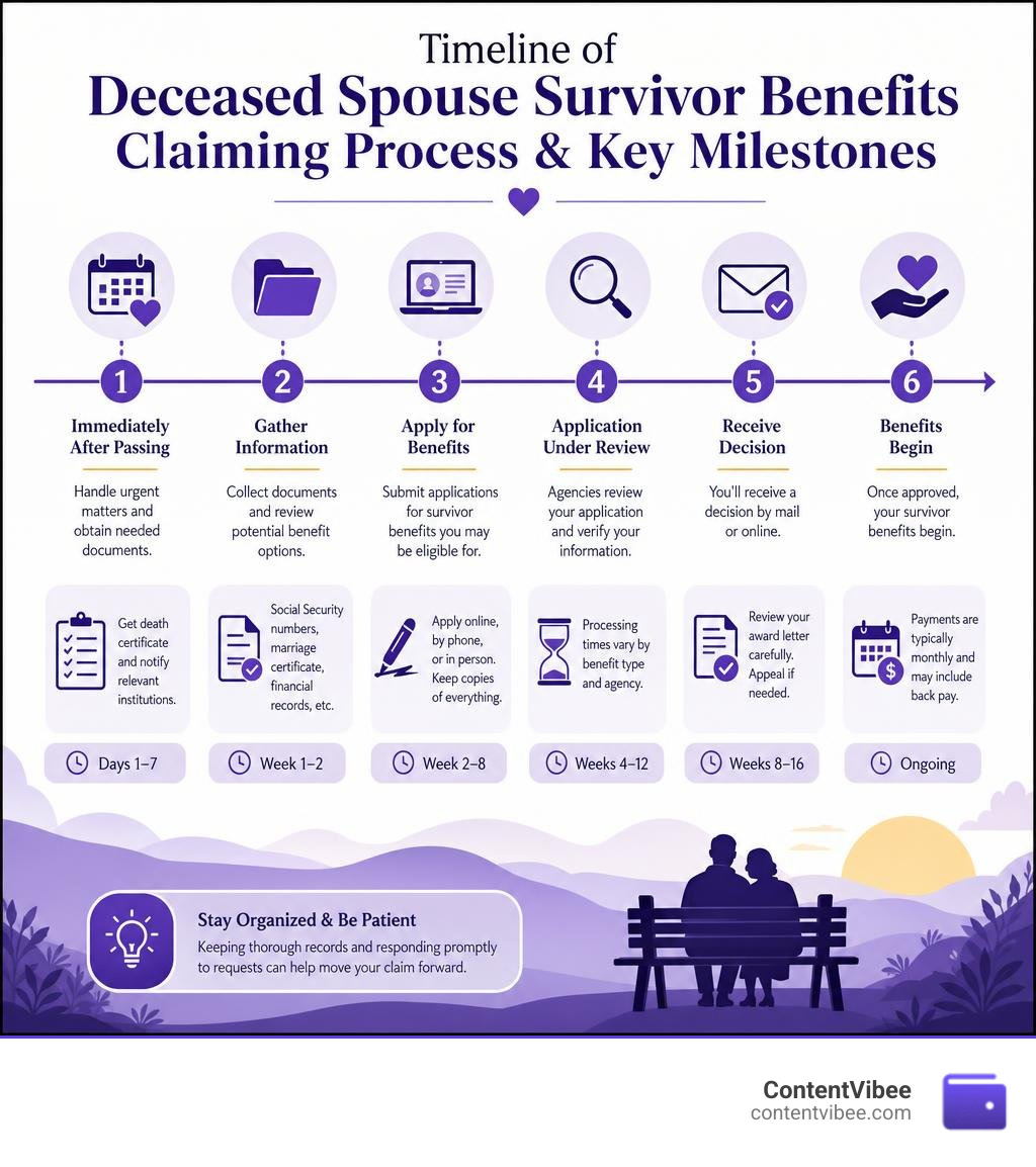 Timeline of deceased spouse survivor benefits claiming process and key milestones infographic