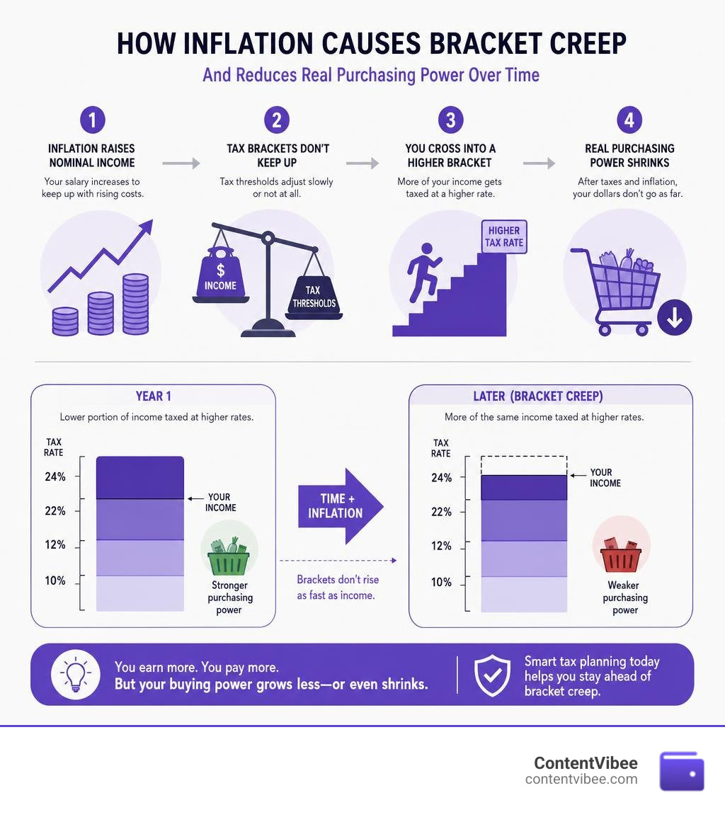 How inflation causes bracket creep and reduces real purchasing power over time infographic