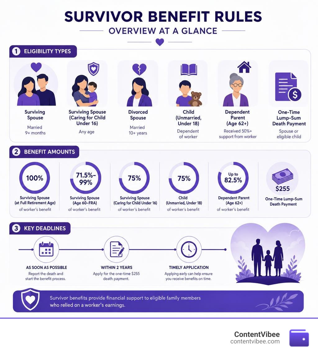 Overview infographic of survivor benefit rules including eligibility types, benefit percentages, and key deadlines