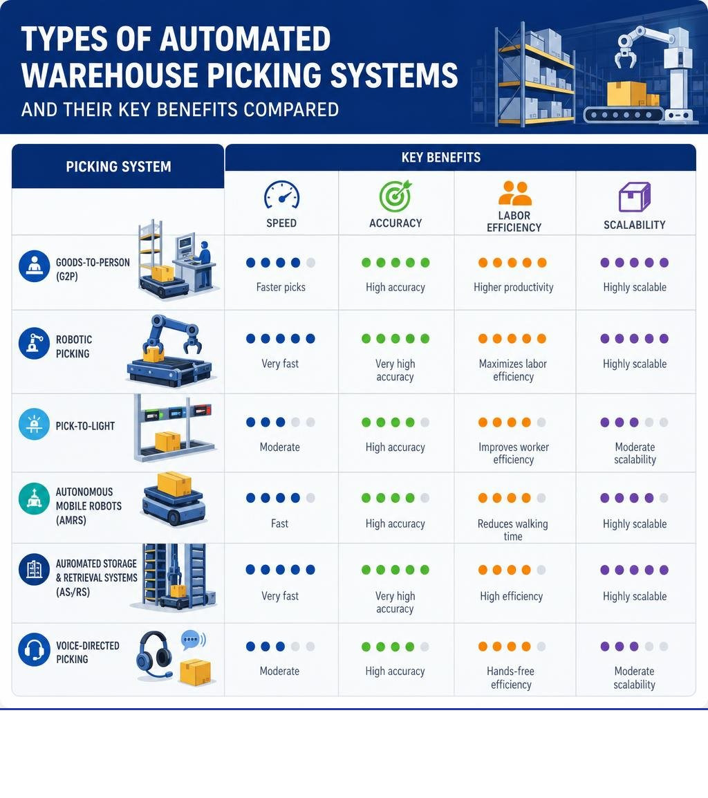 Types of automated warehouse picking systems and their key benefits compared infographic