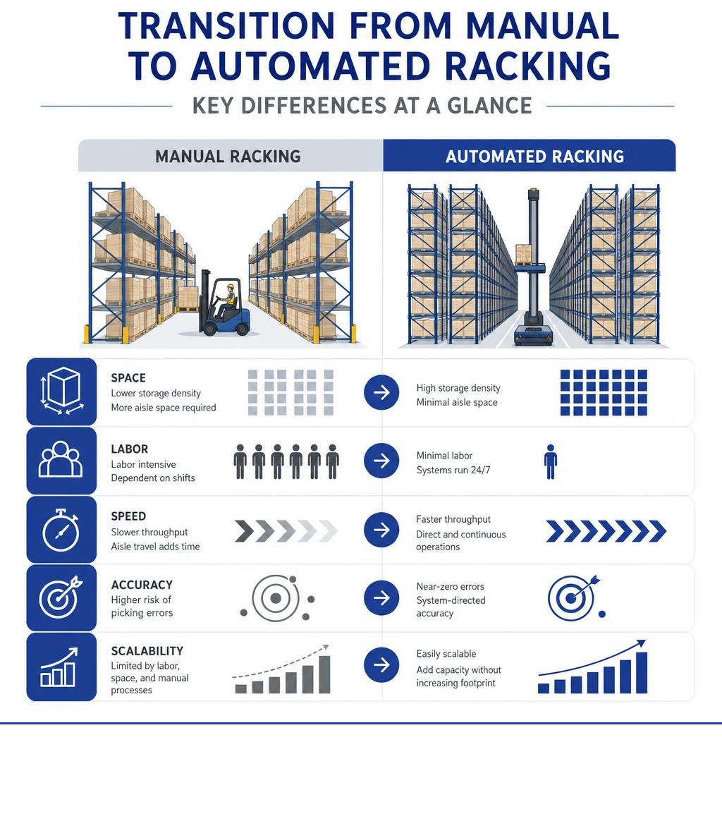 Transition from manual to automated racking: key differences in space, labor, speed, accuracy, and scalability infographic Transition from manual to automated racking: key differences in space, labor, speed, accuracy, and scalability infographic