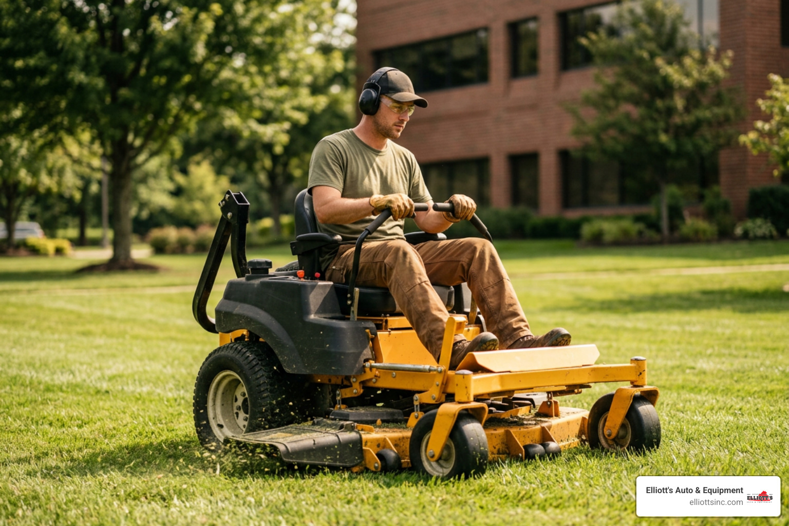 Commercial landscaper operating a Hustler zero-turn mower Commercial landscaper operating a Hustler zero-turn mower