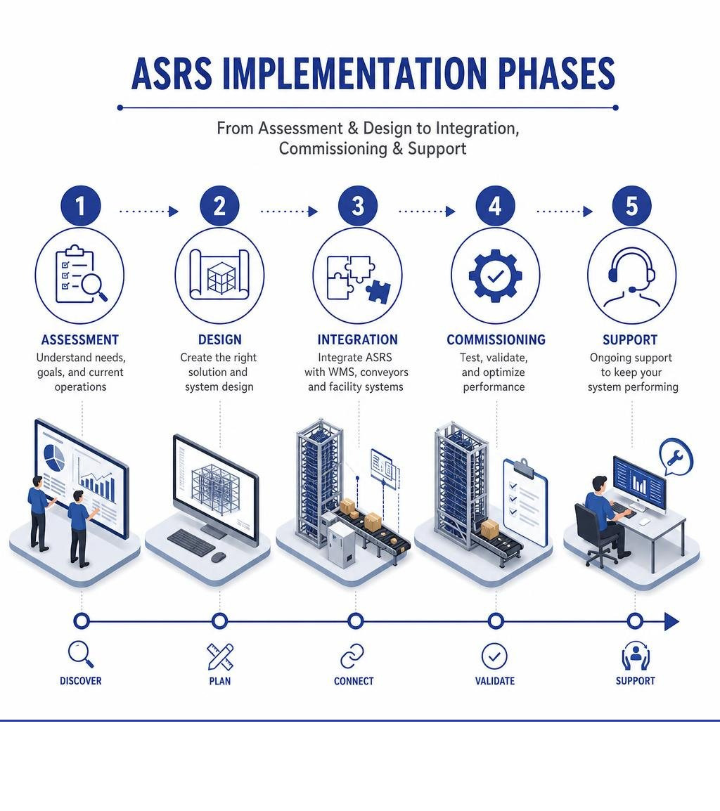 ASRS implementation phases from assessment and design to integration, commissioning, and support infographic