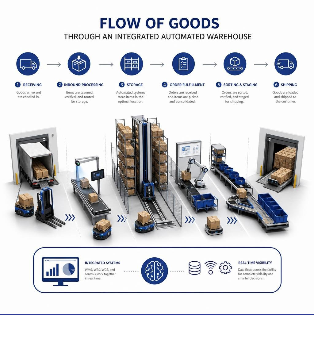 Flow of goods through an integrated automated warehouse facility from receiving to shipping infographic