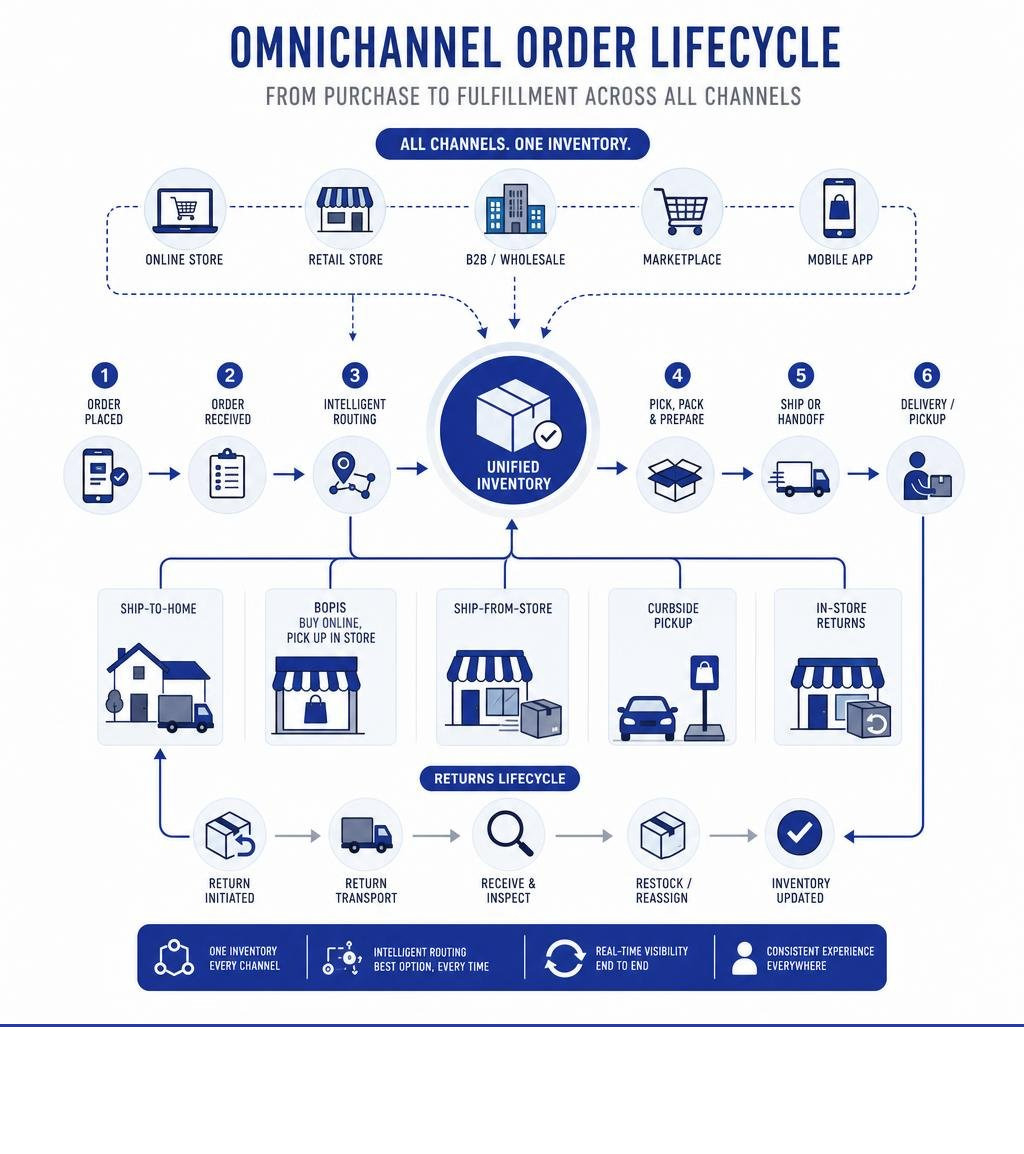 Omnichannel order lifecycle from purchase to fulfillment across all channels infographic