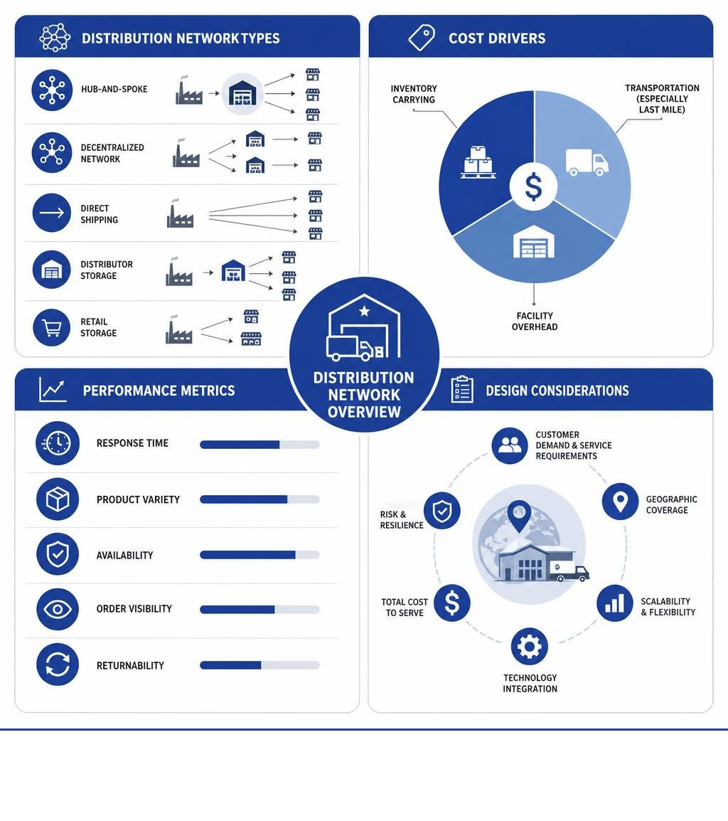 Distribution network types, cost drivers, performance metrics, and design considerations infographic