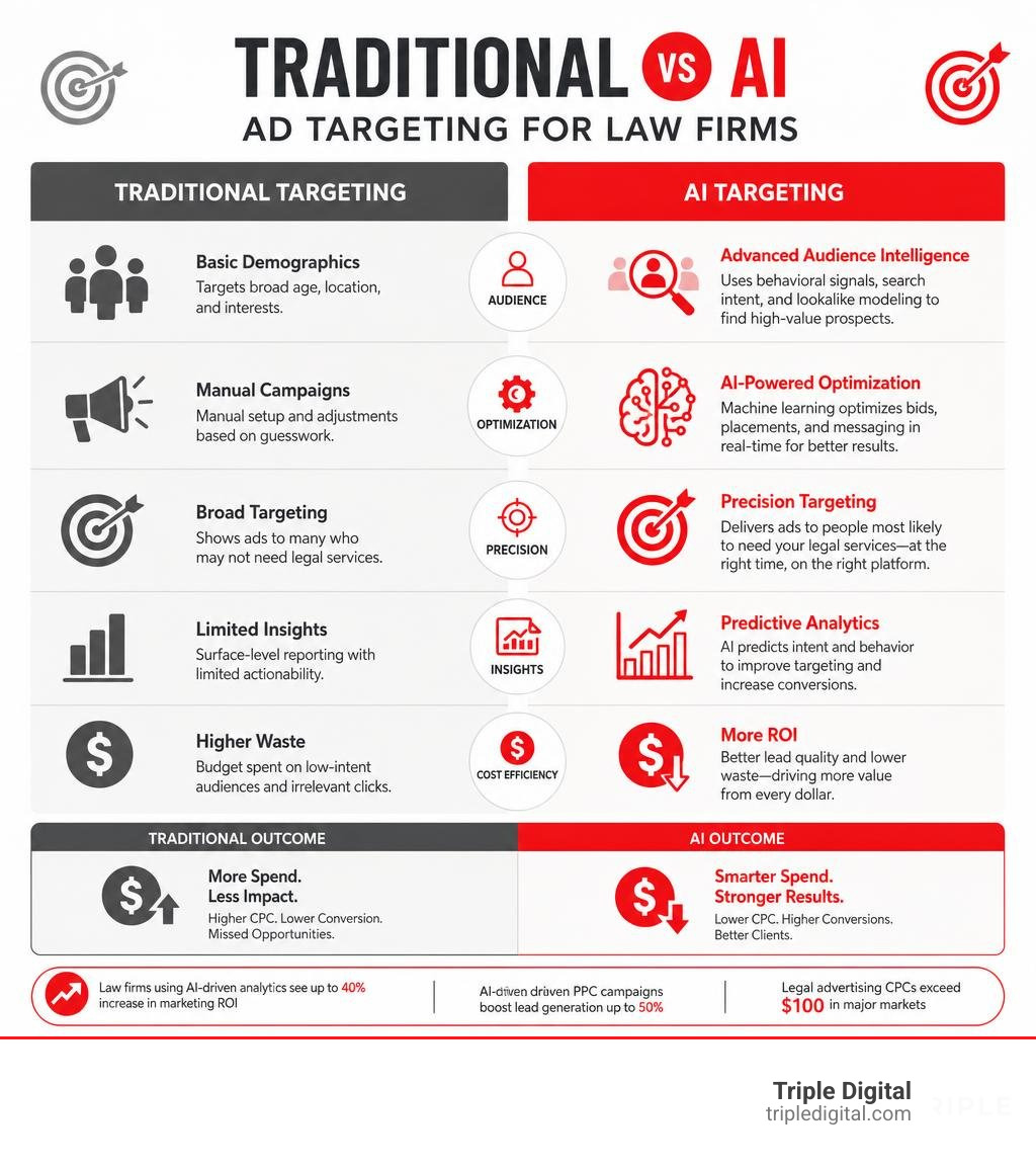 Traditional vs AI ad targeting for law firms comparison infographic infographic Traditional vs AI ad targeting for law firms comparison infographic infographic