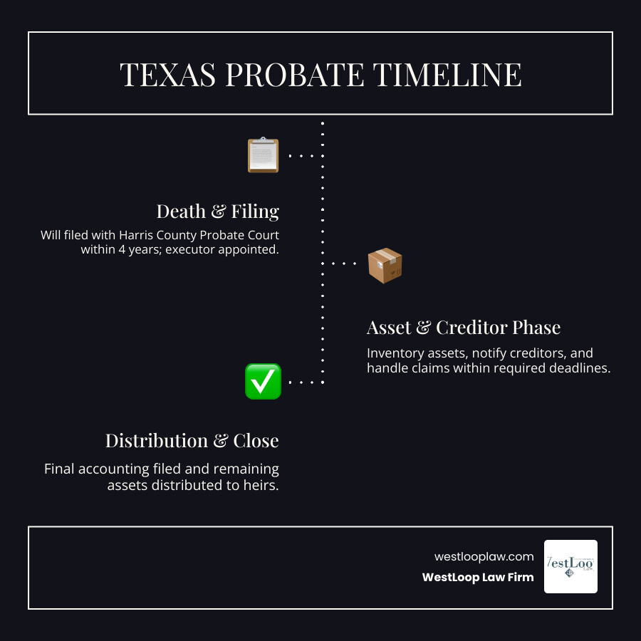 Texas probate process timeline from death to asset distribution infographic Texas probate process timeline from death to asset distribution infographic