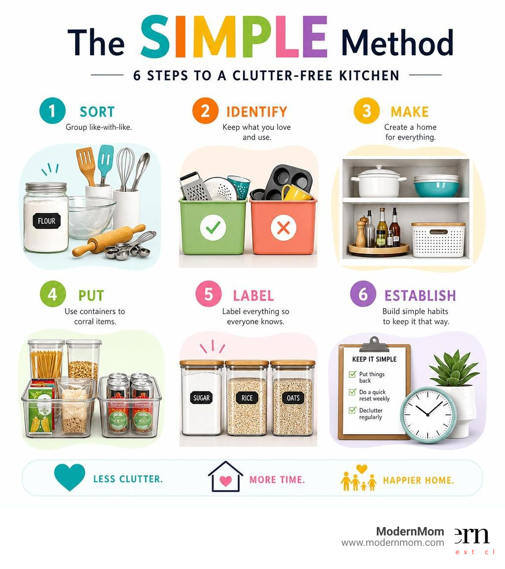Infographic explaining all six SIMPLE method steps for kitchen decluttering: Sort, Identify, Make, Put, Label, Establish