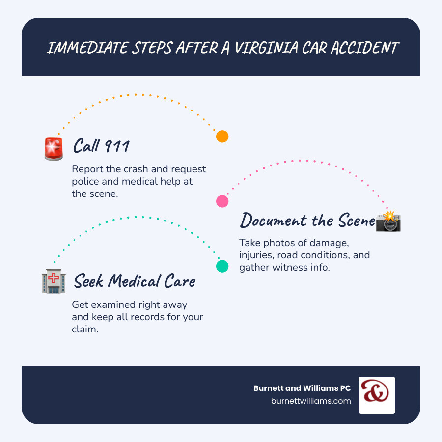 Immediate steps to take after a Virginia car accident: call 911, document the scene, seek medical care, contact an attorney Immediate steps to take after a Virginia car accident: call 911, document the scene, seek medical care, contact an attorney