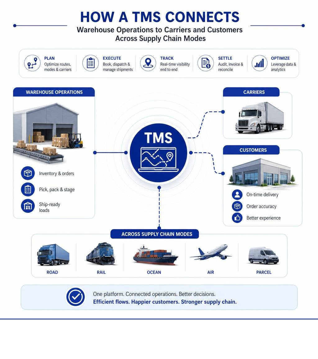 How a TMS connects warehouse operations to carriers and customers across supply chain modes infographic