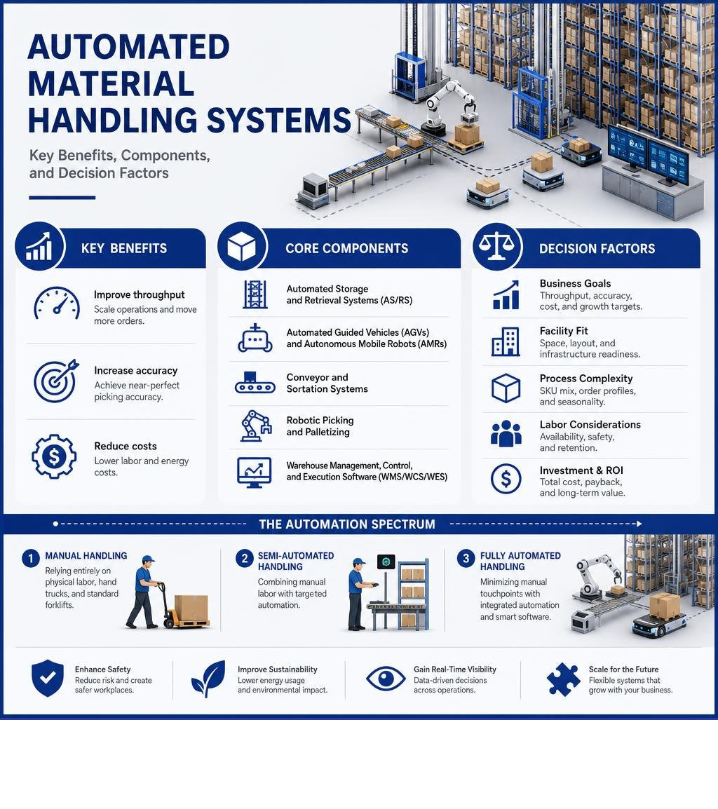 Key benefits, components, and decision factors for automated material handling systems infographic