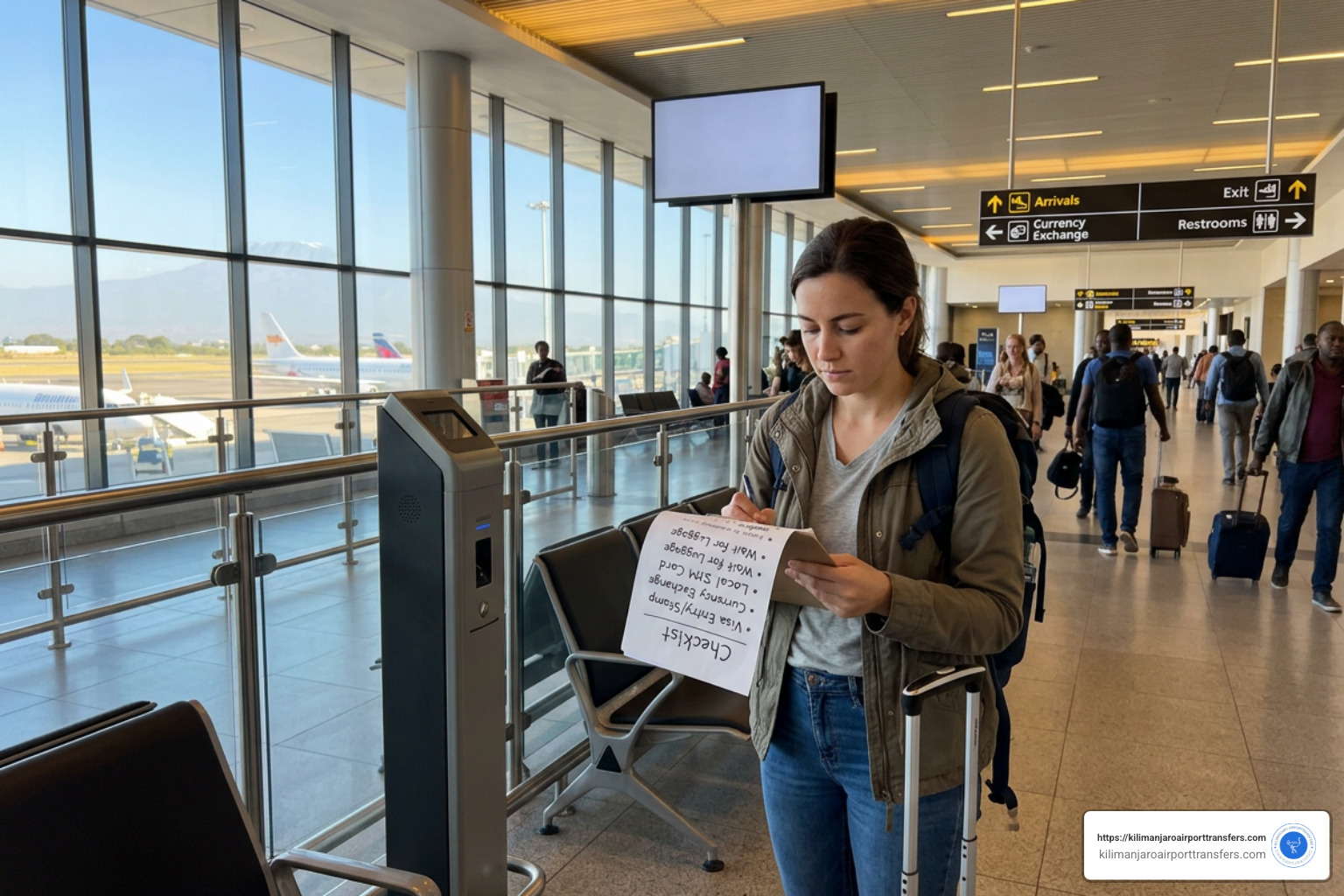 A traveler's arrival checklist at JRO terminal including visa, currency, and SIM card steps