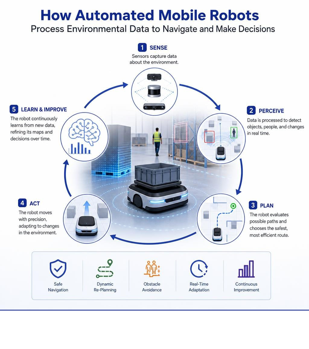 How automated mobile robots process environmental data to navigate and make decisions infographic