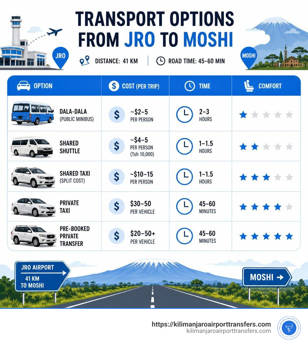 Infographic showing transport options from JRO to Moshi with cost, time, and comfort ratings infographic