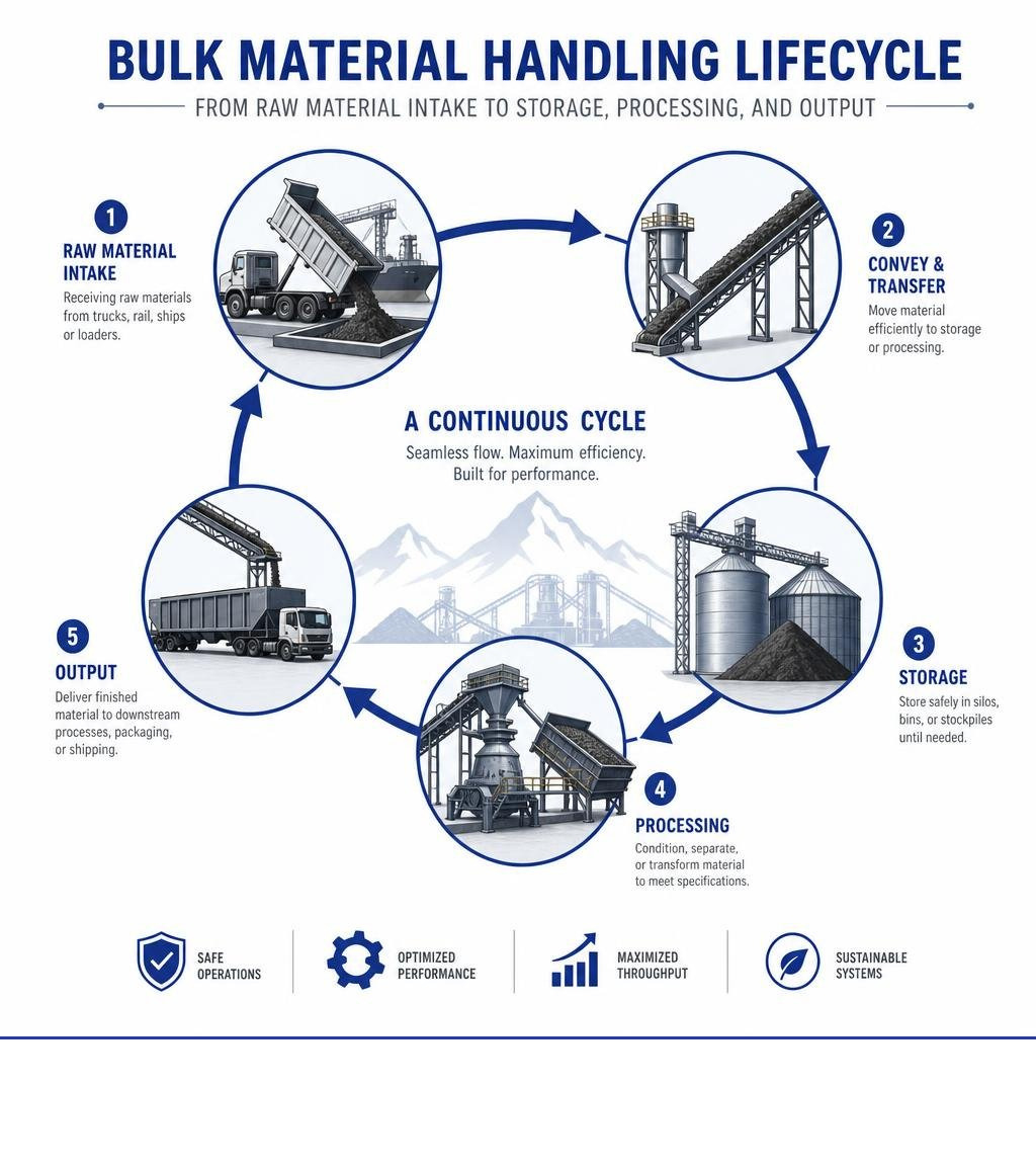 Bulk material handling lifecycle from raw material intake to storage, processing, and output infographic Bulk material handling lifecycle from raw material intake to storage, processing, and output infographic
