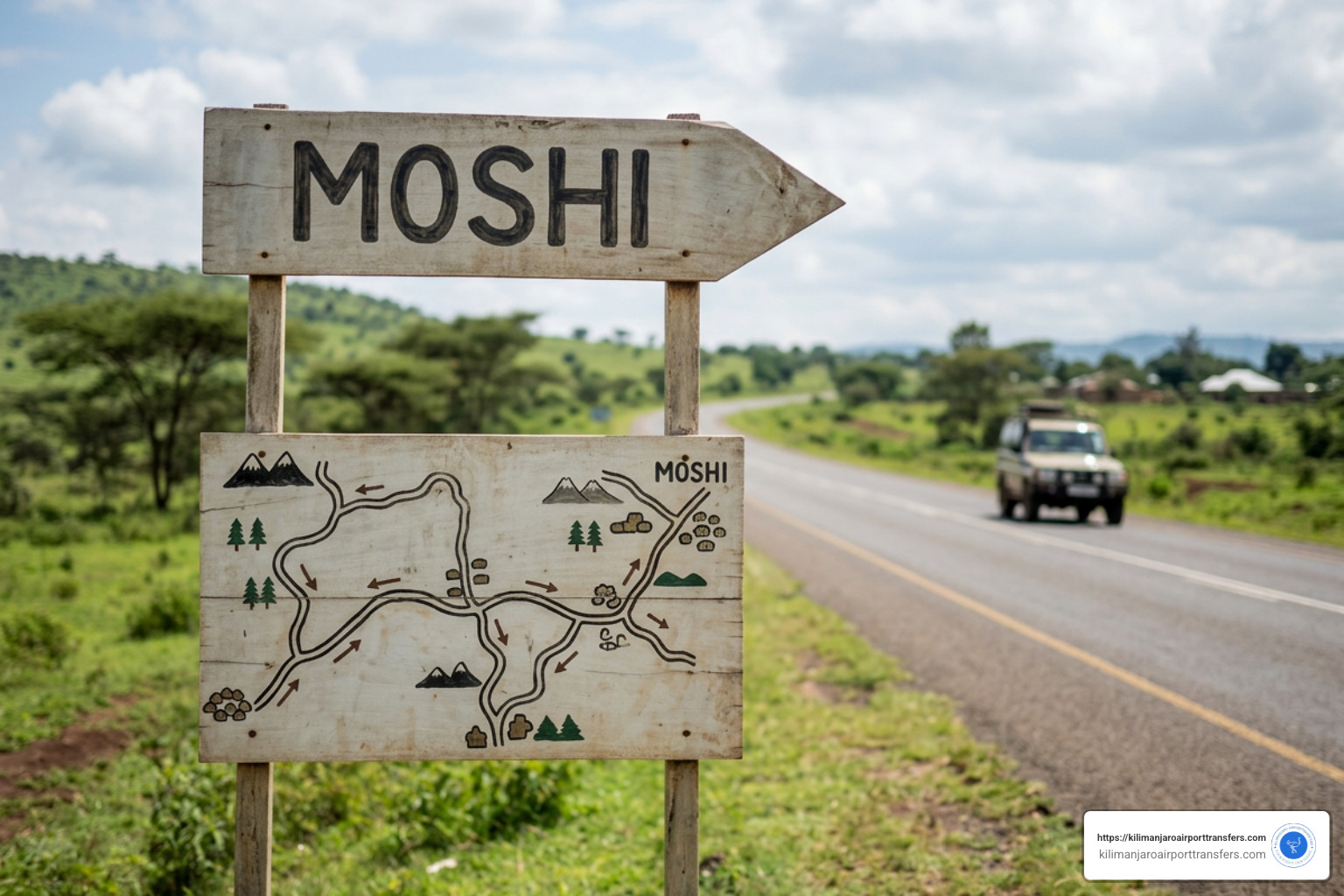 Road sign pointing to Moshi route map