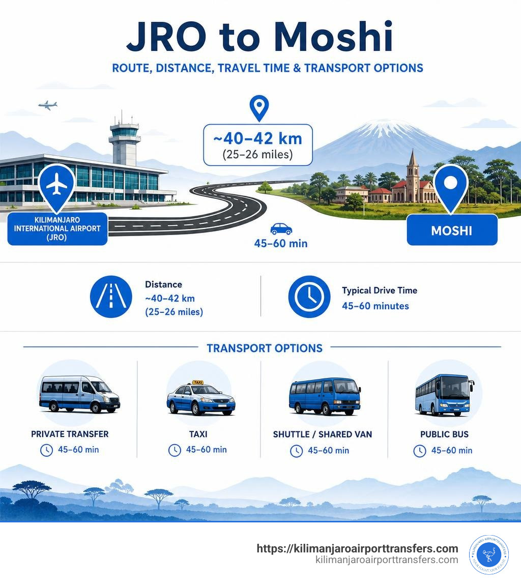 JRO to Moshi route distance travel time and transport options infographic infographic