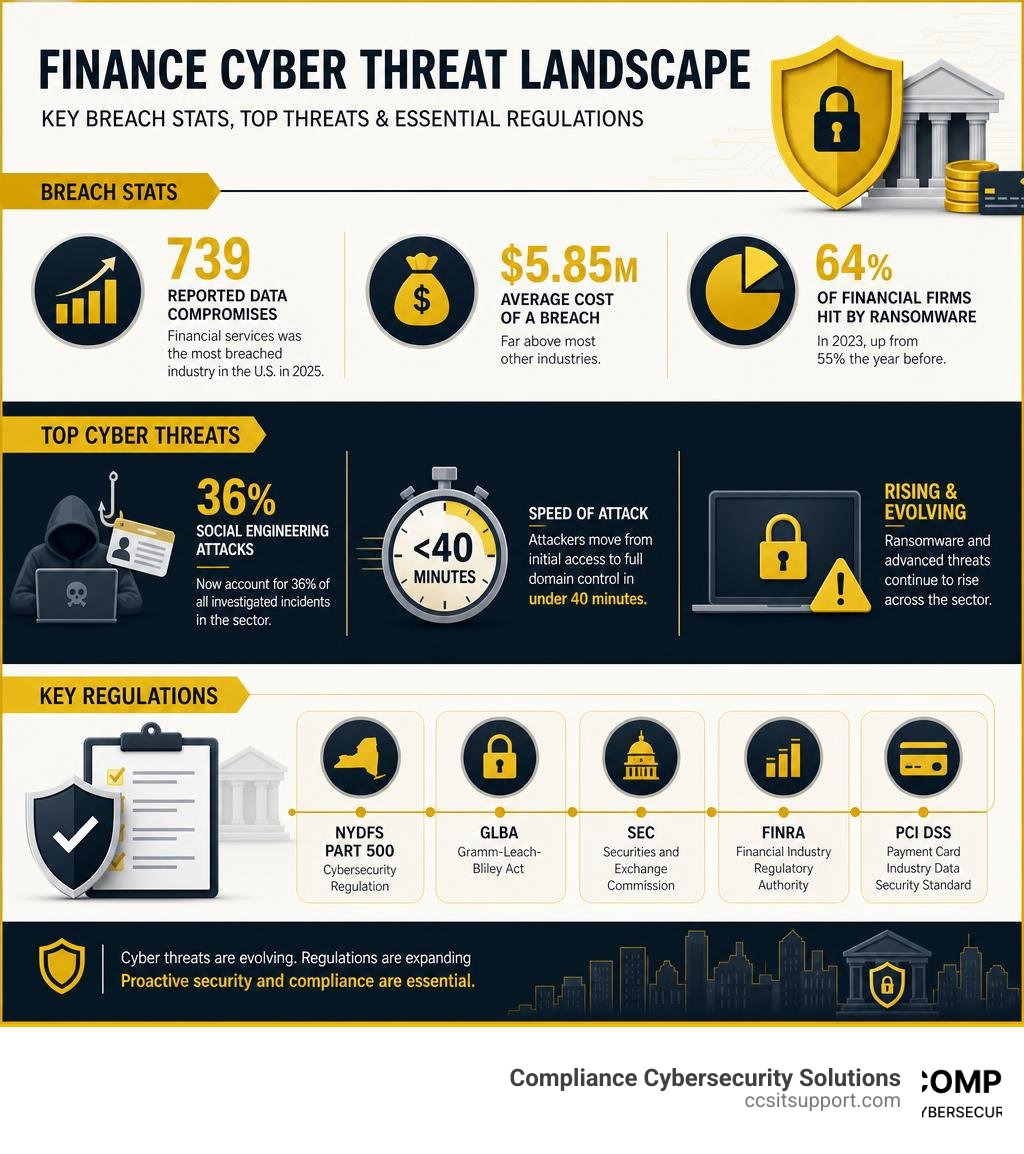 Finance cyber threat landscape infographic showing breach stats, top threats, and key regulations infographic