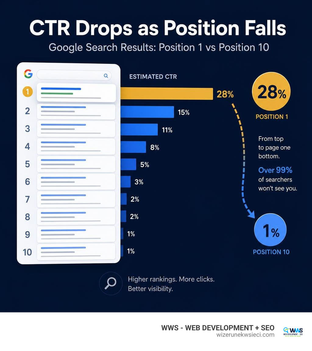Infographic showing CTR drop from position 1 at 28% to position 10 at 1% in Google search results infographic Infographic showing CTR drop from position 1 at 28% to position 10 at 1% in Google search results infographic