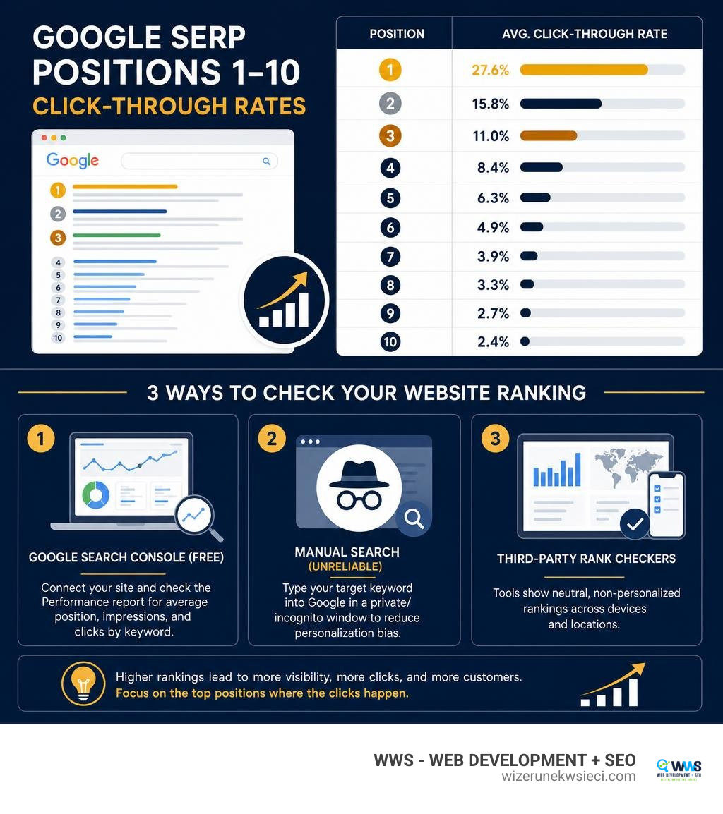 infographic showing Google SERP positions 1-10, click-through rates, and how to check website rankings infographic