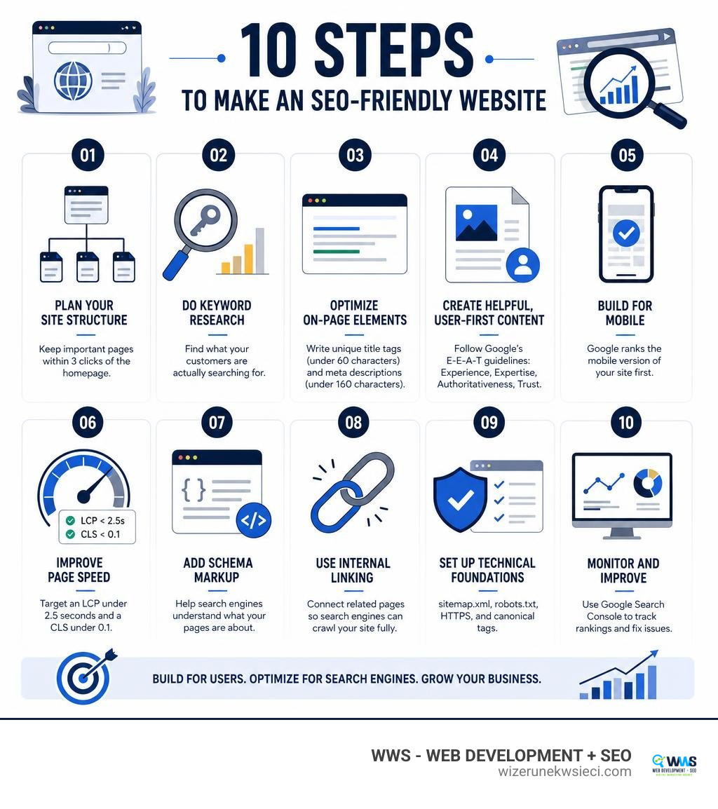 Infographic showing 10 steps to make an SEO-friendly website including structure, keywords, mobile, speed, and schema Infographic showing 10 steps to make an SEO-friendly website including structure, keywords, mobile, speed, and schema