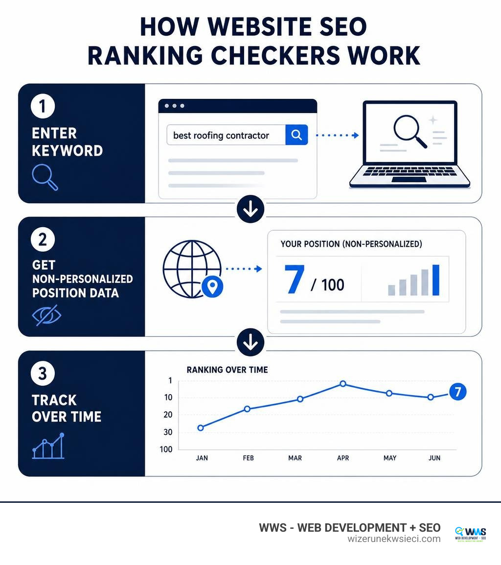 how website SEO ranking checkers work: enter keyword, get non-personalized position data, track over time infographic