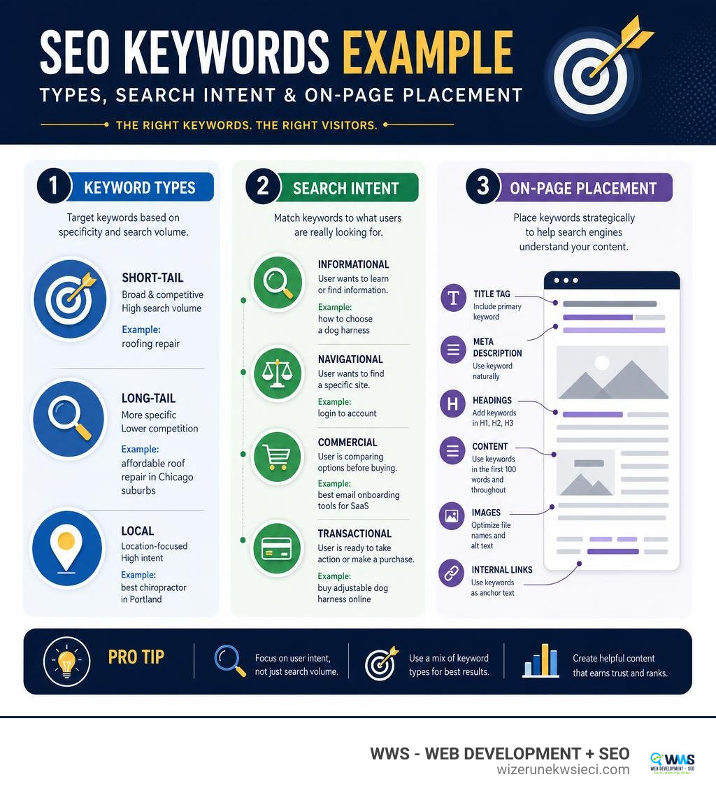 SEO keywords example infographic showing keyword types, search intent categories, and on-page placement tips infographic