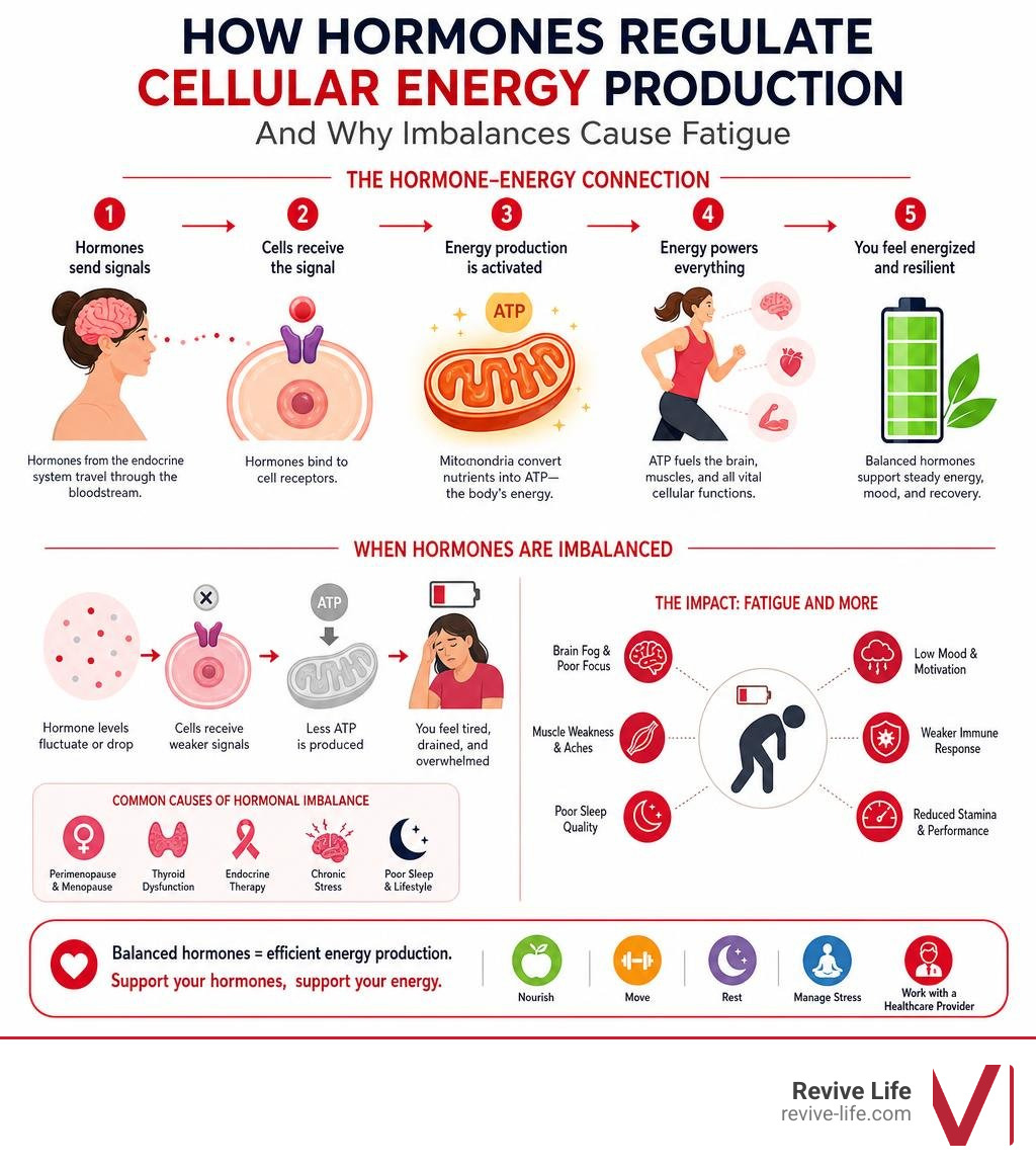 How hormones regulate cellular energy production and why imbalances cause fatigue infographic