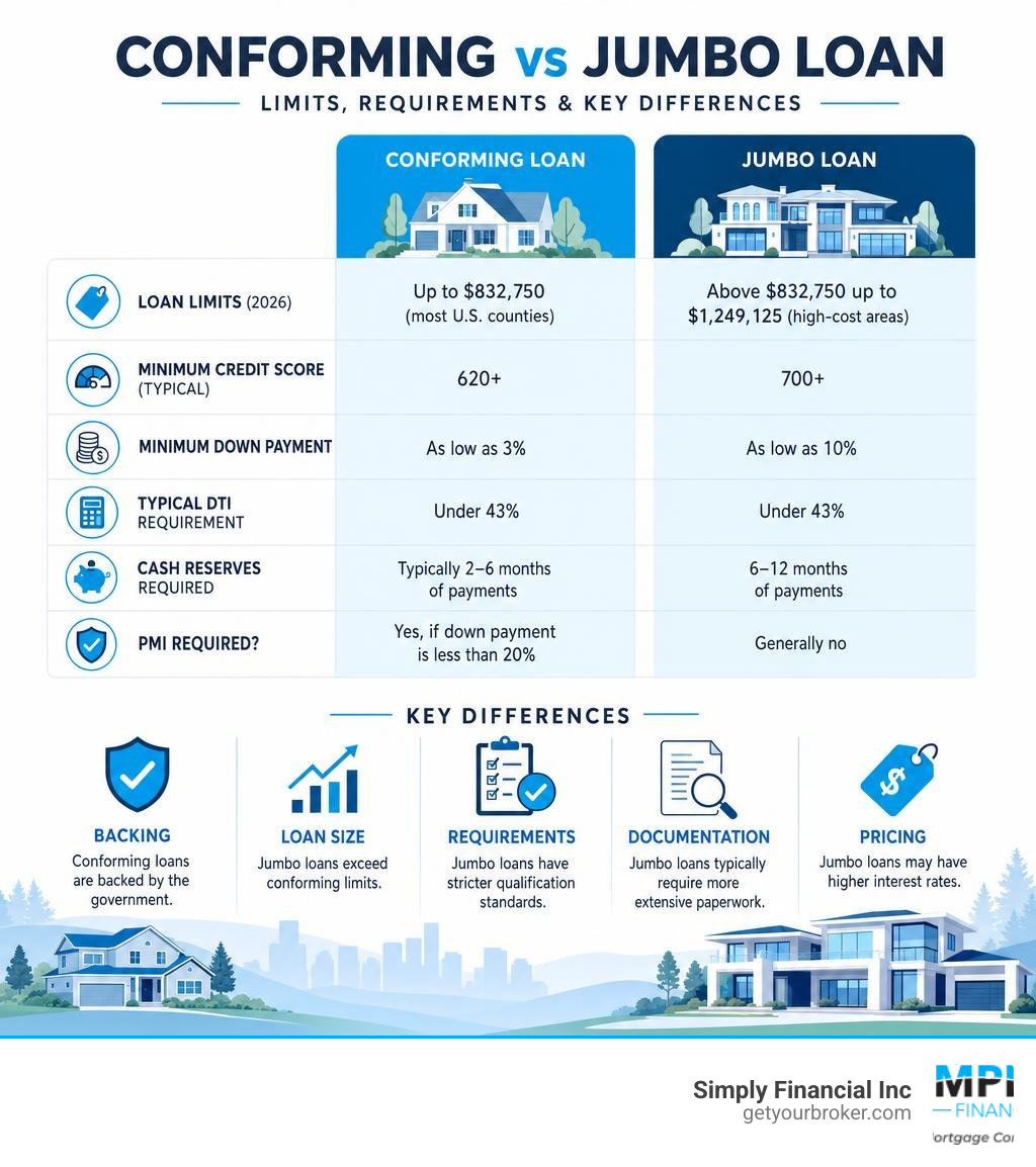 Conforming vs jumbo loan limits, requirements, and key differences infographic infographic Conforming vs jumbo loan limits, requirements, and key differences infographic infographic
