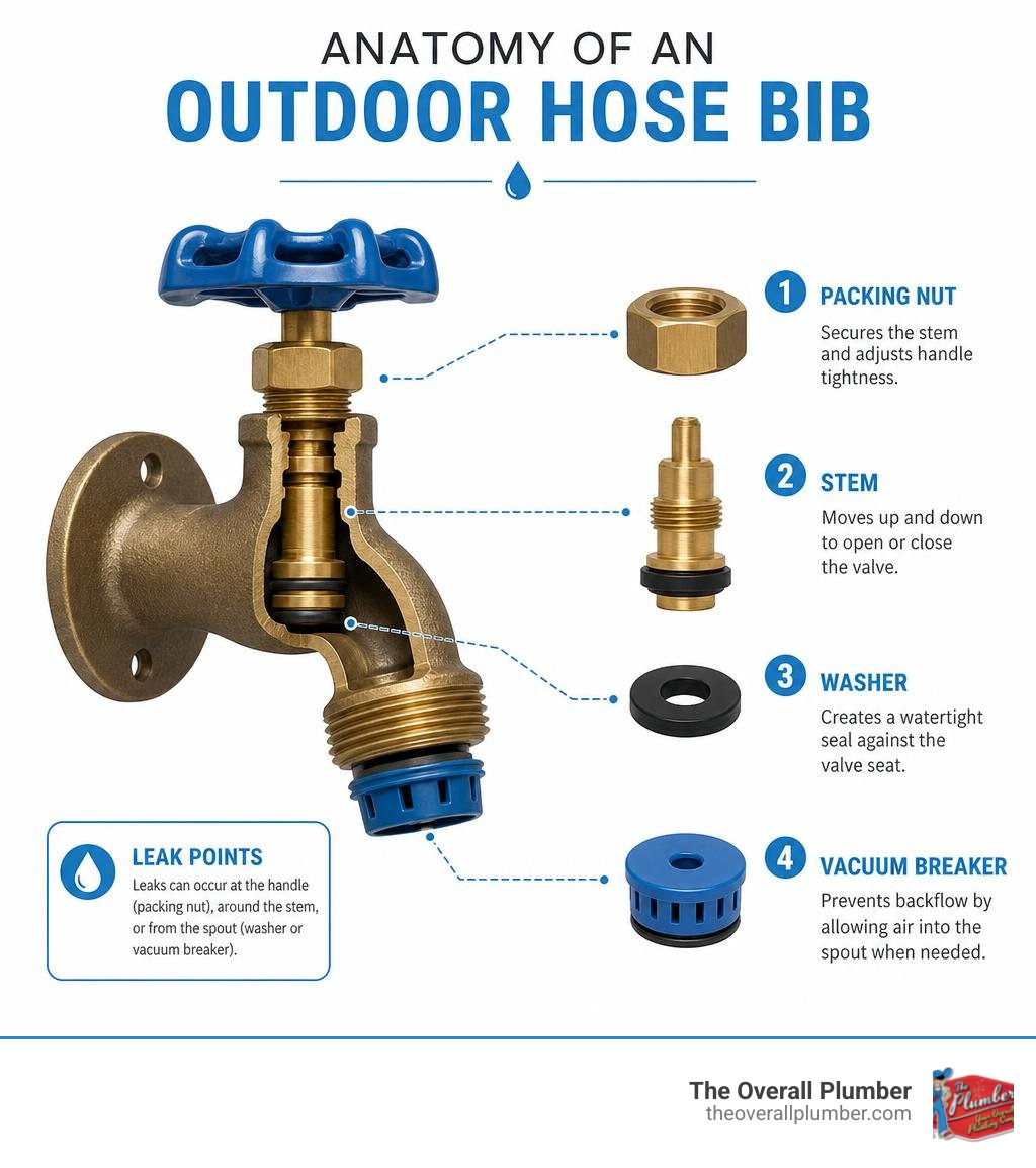 anatomy of an outdoor hose bib with labeled parts including packing nut, stem, washer, and vacuum breaker infographic anatomy of an outdoor hose bib with labeled parts including packing nut, stem, washer, and vacuum breaker infographic