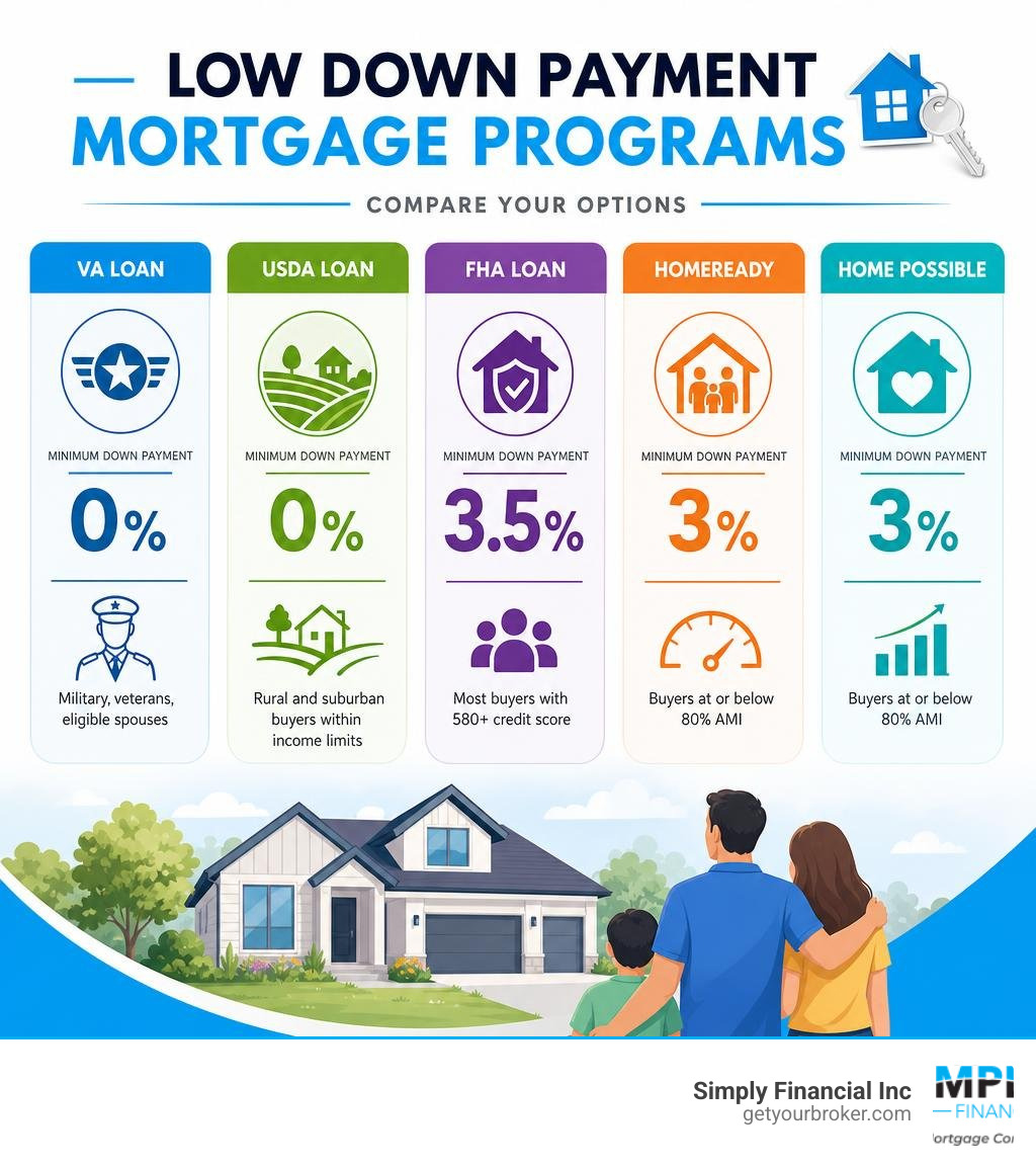Infographic comparing low down payment mortgage programs FHA VA USDA HomeReady Home Possible infographic Infographic comparing low down payment mortgage programs FHA VA USDA HomeReady Home Possible infographic