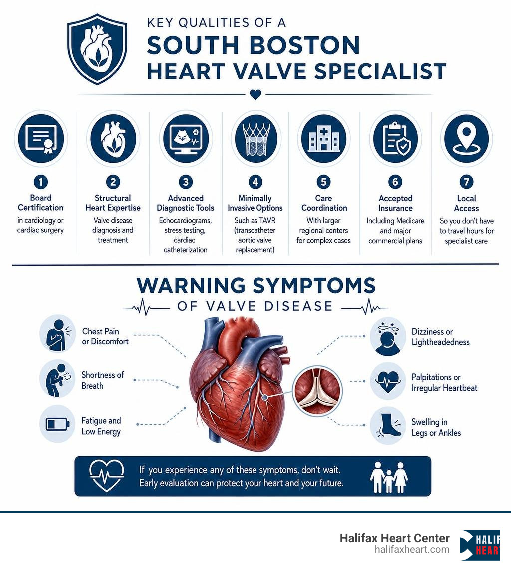 Key qualities of a South Boston heart valve specialist and warning symptoms of valve disease infographic Key qualities of a South Boston heart valve specialist and warning symptoms of valve disease infographic