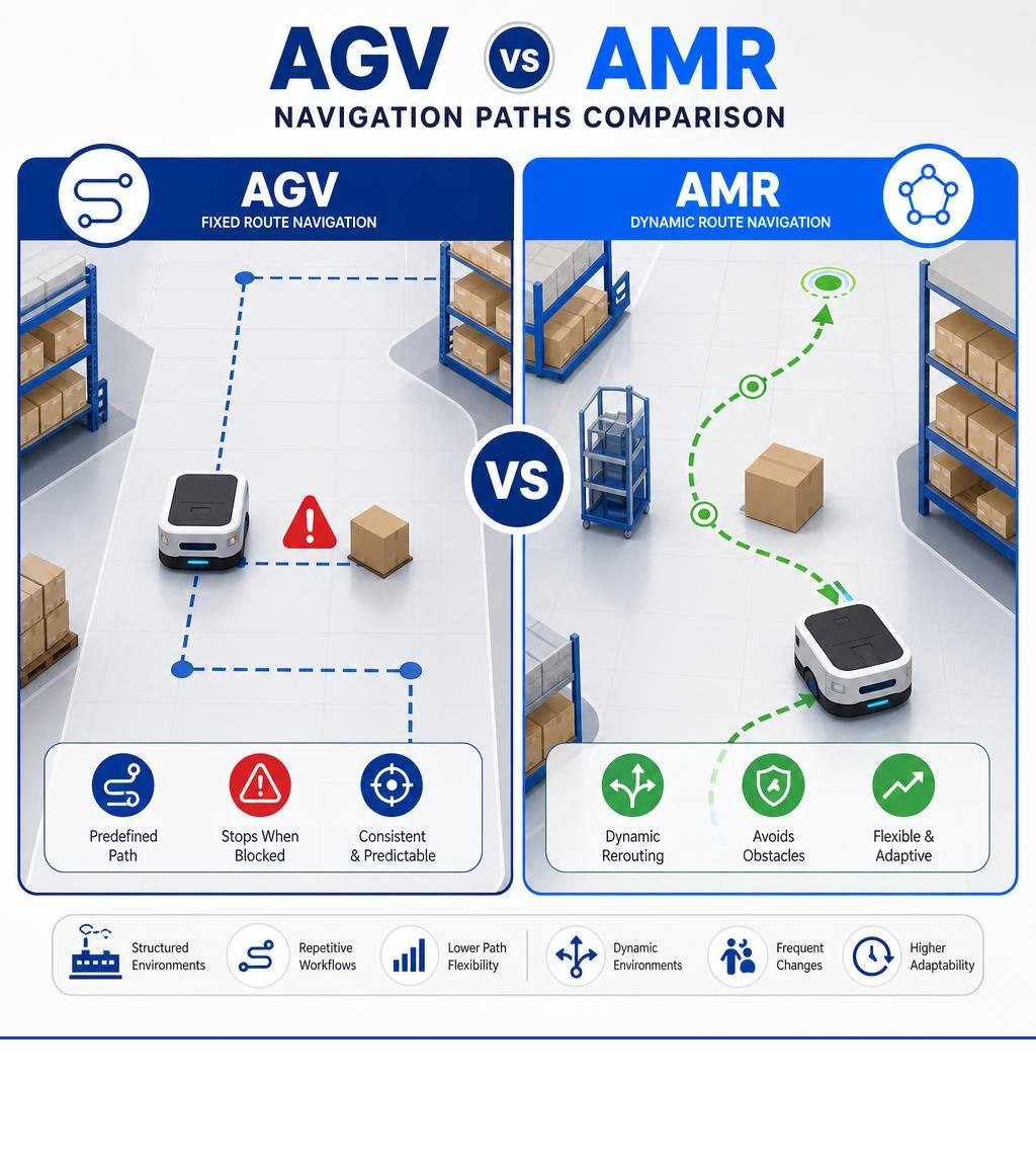 AGV vs AMR navigation paths comparison infographic showing fixed route vs dynamic routing infographic