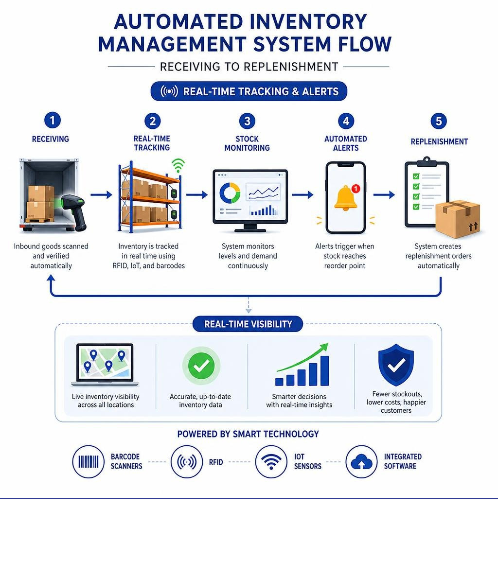 Automated inventory management system flow: receiving to replenishment, with real-time tracking and alerts infographic