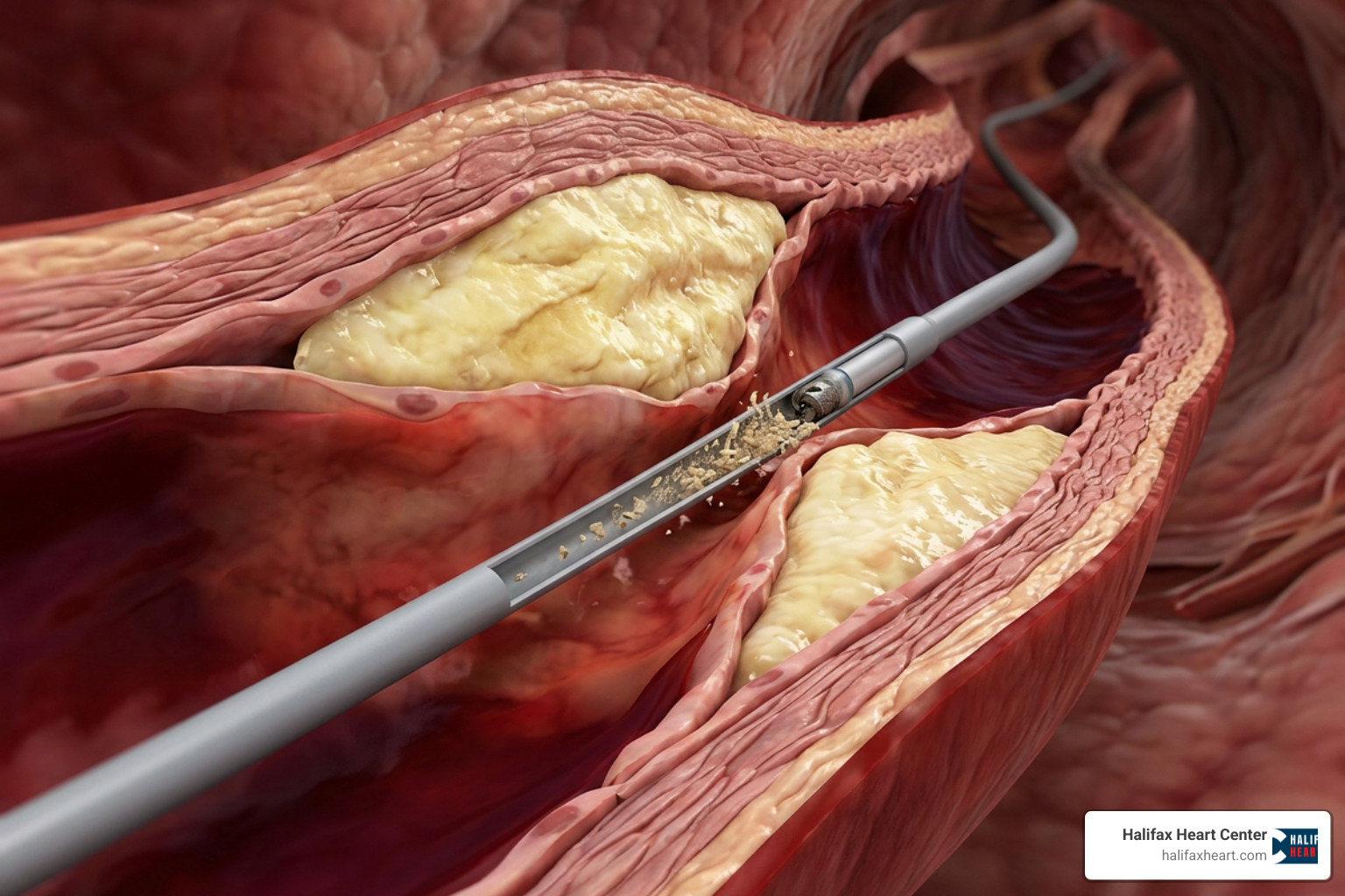 An atherectomy catheter scraping plaque from the inside of an artery