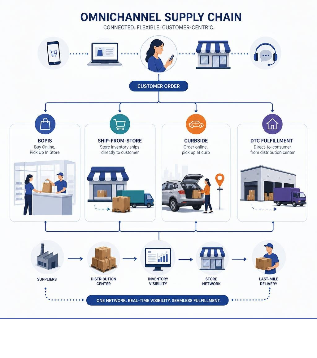 Omnichannel supply chain flow paths including BOPIS, ship-from-store, curbside, and DTC fulfillment infographic Omnichannel supply chain flow paths including BOPIS, ship-from-store, curbside, and DTC fulfillment infographic