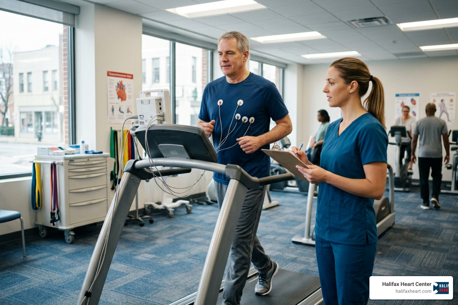 A patient undergoing cardiac rehabilitation supervised by a clinical professional