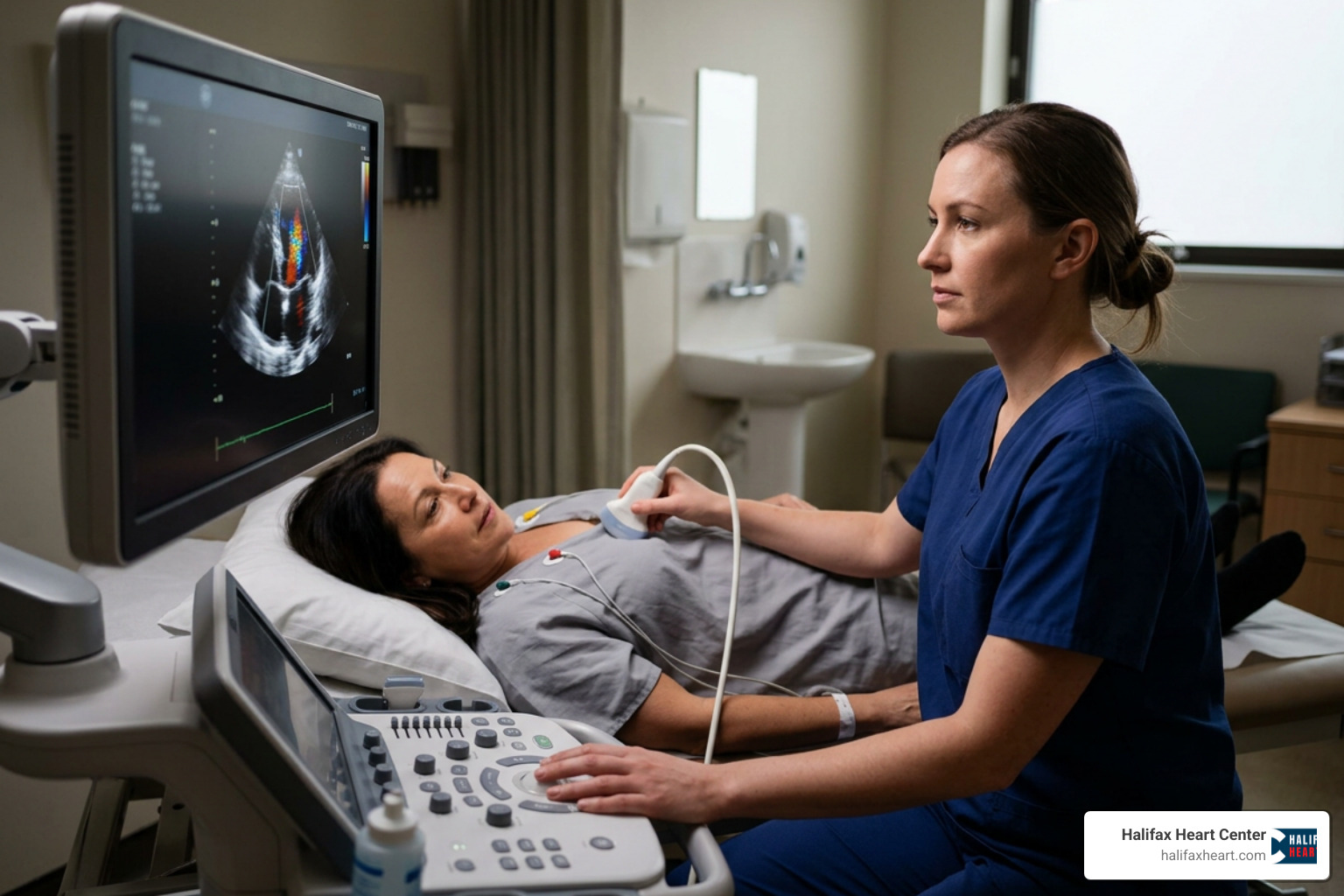 Patient undergoing a non-invasive echocardiogram diagnostic test Patient undergoing a non-invasive echocardiogram diagnostic test