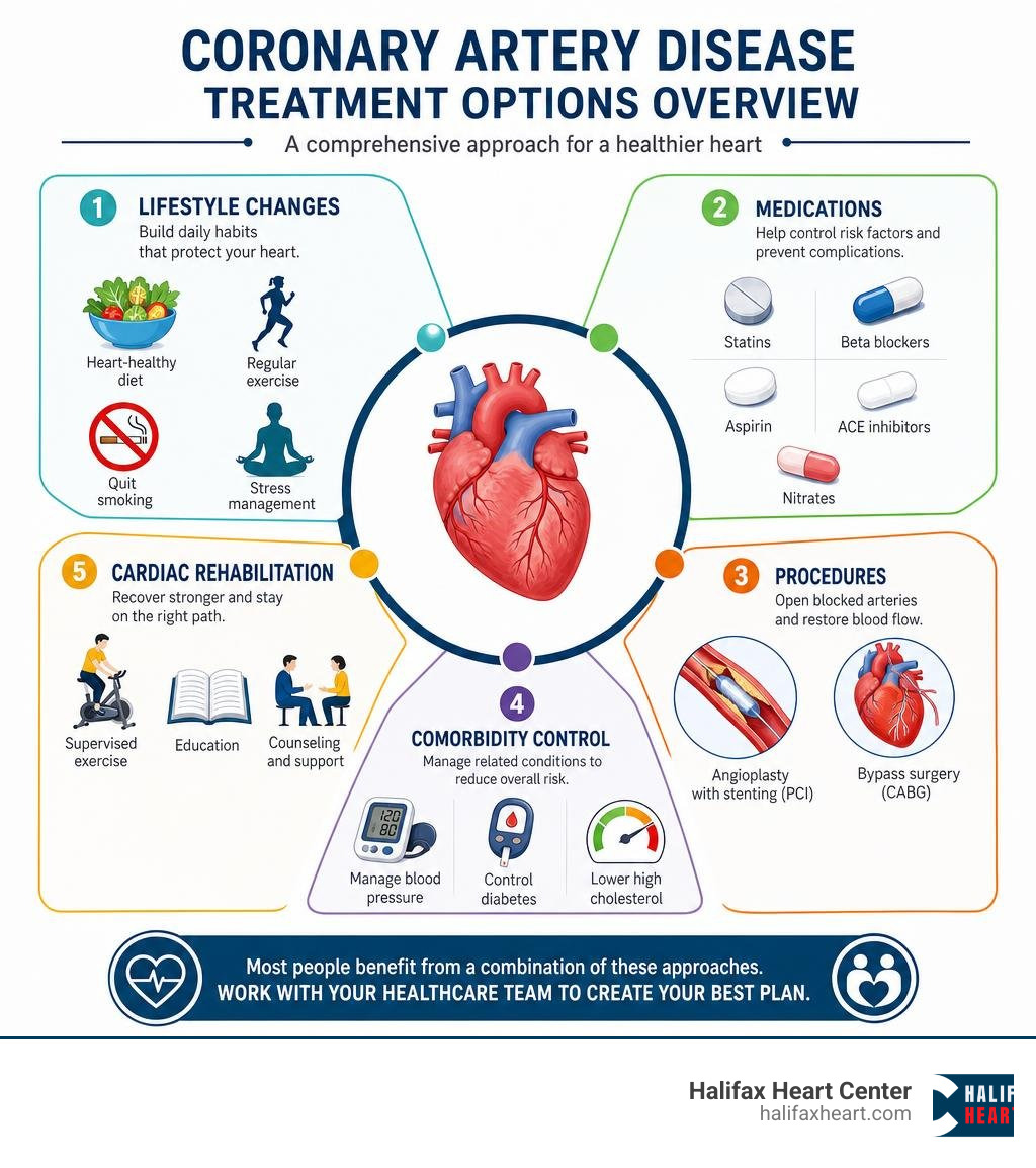 Overview of coronary artery disease treatment options from lifestyle changes to surgery infographic