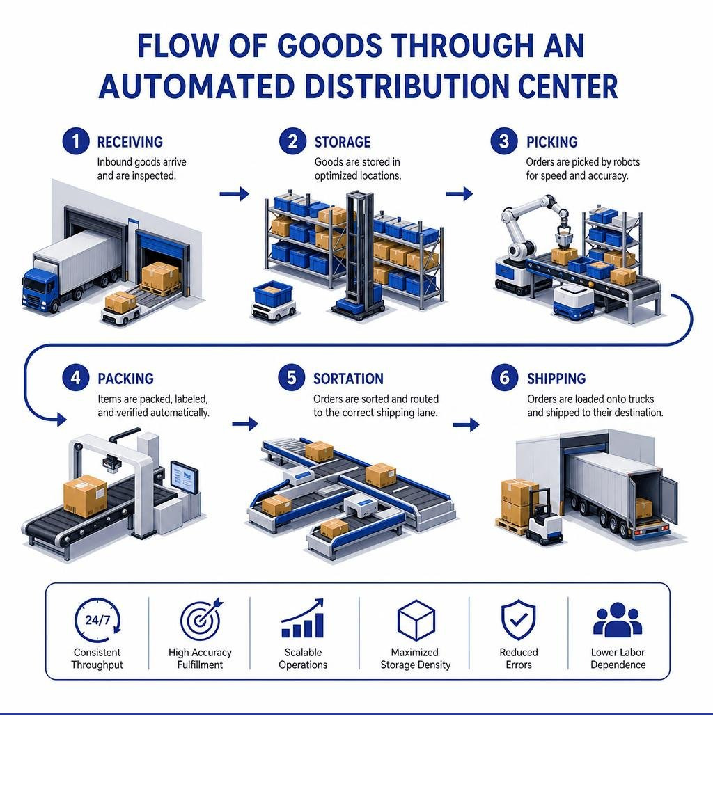 Flow of goods through an automated distribution center from receiving to shipping infographic Flow of goods through an automated distribution center from receiving to shipping infographic
