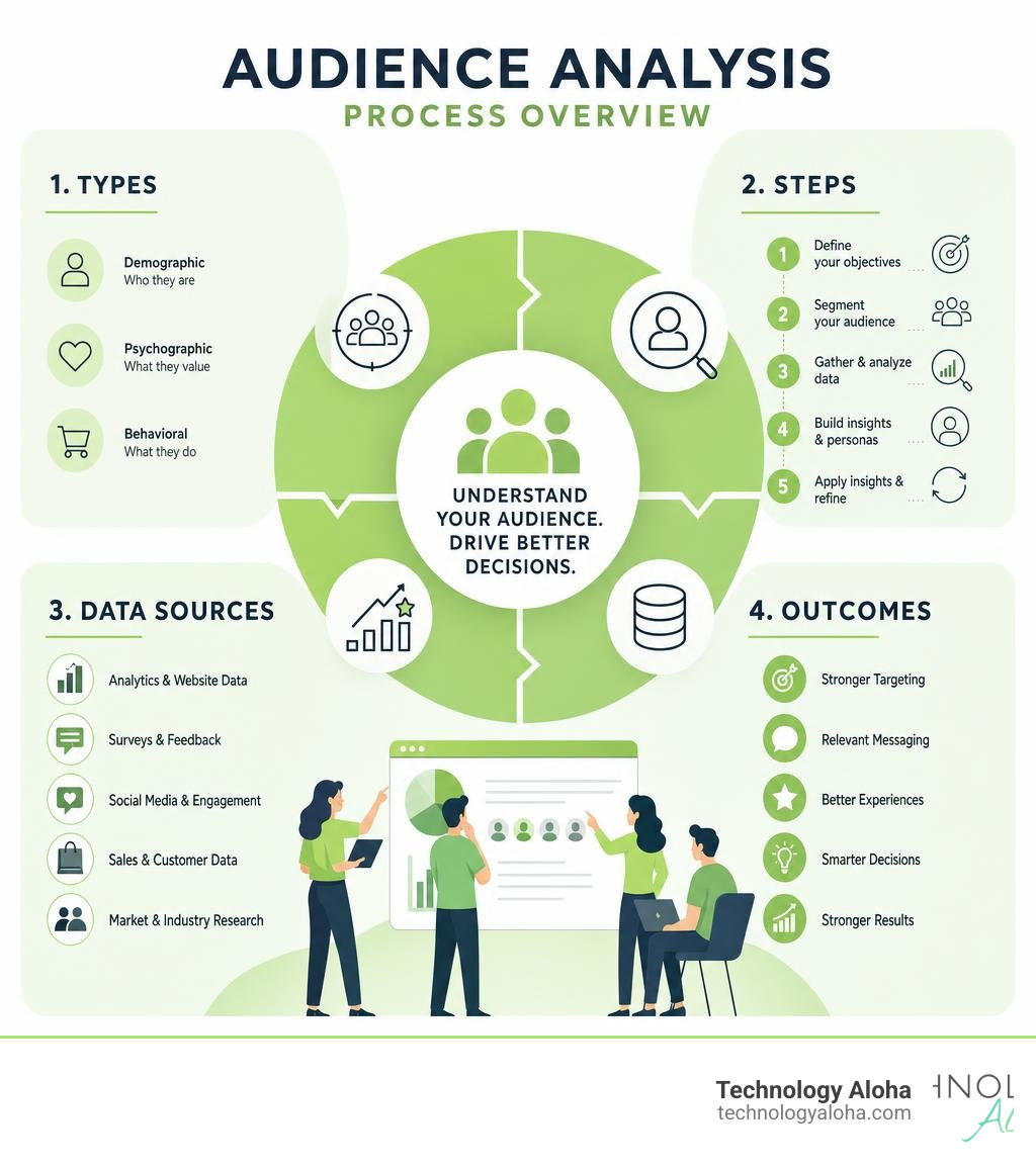 Audience analysis process overview: types, steps, data sources, and outcomes infographic Audience analysis process overview: types, steps, data sources, and outcomes infographic